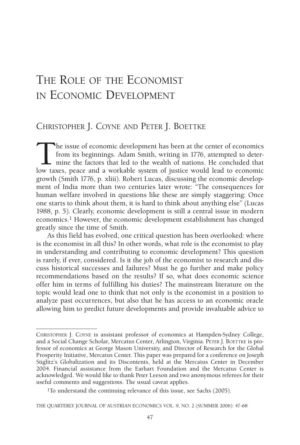 The Role of the Economist in Economic Development