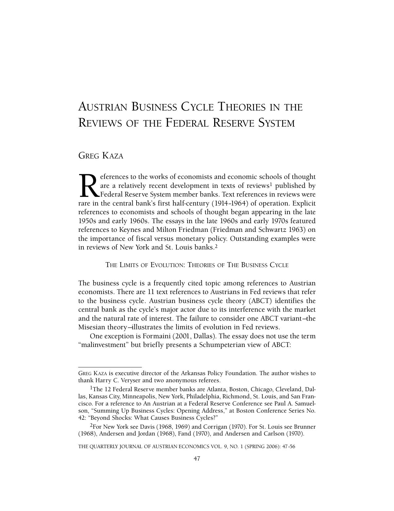 Austrian Business Cycle Theories in the Reviews of the Federal Reserve System