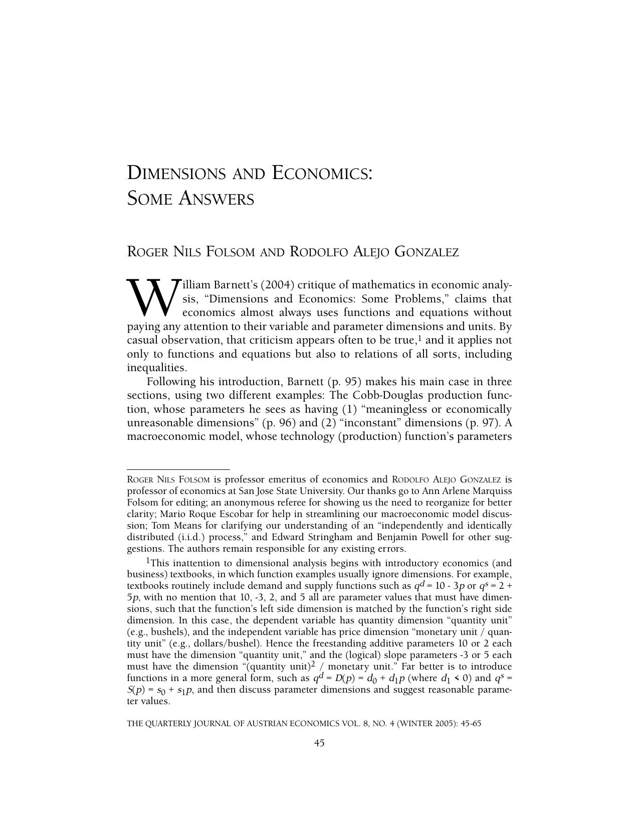 Dimensions and Economics: Some Answers