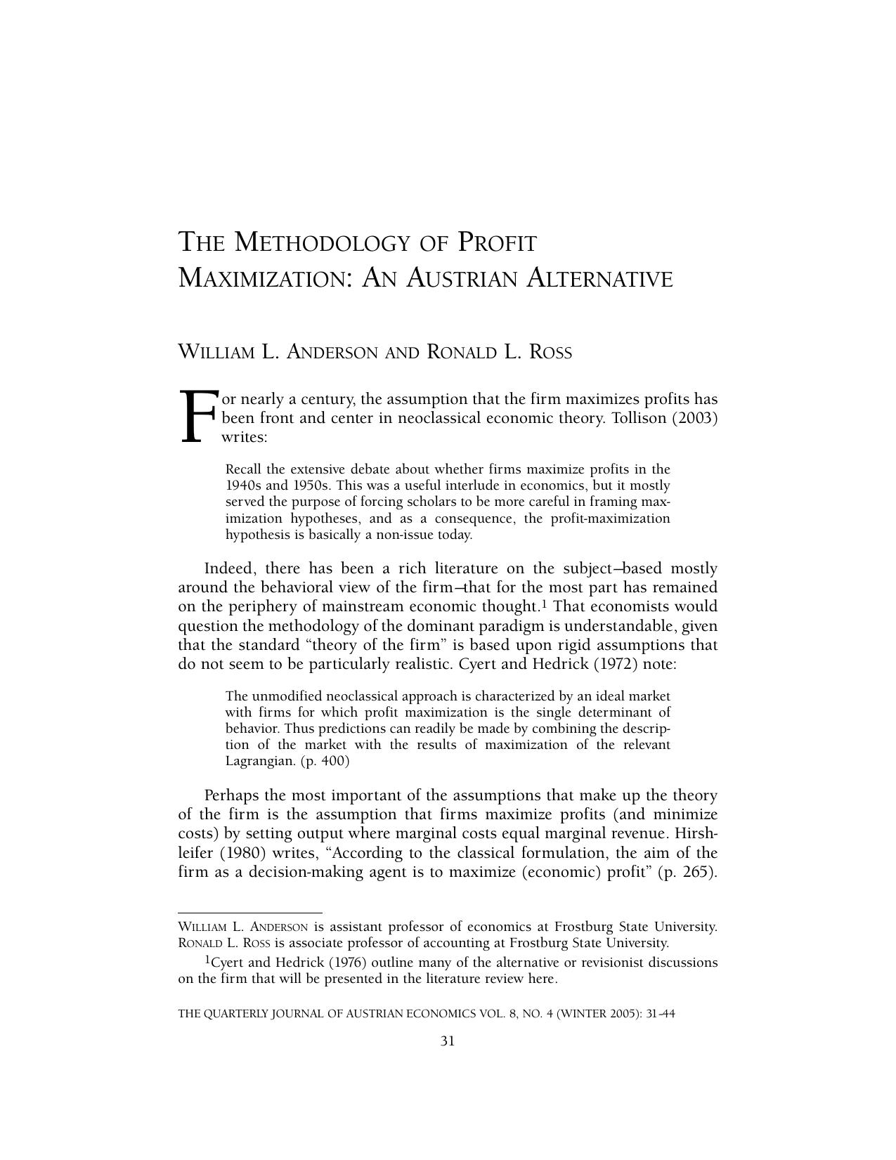 The Methodology of Profit Maximization: An Austrian Alternative