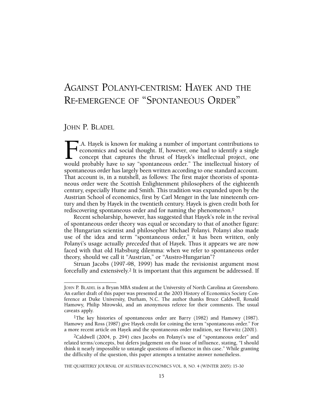 Against Polany-Centrism: Hayek and the Re-Emergence of "Spontaneous Order"