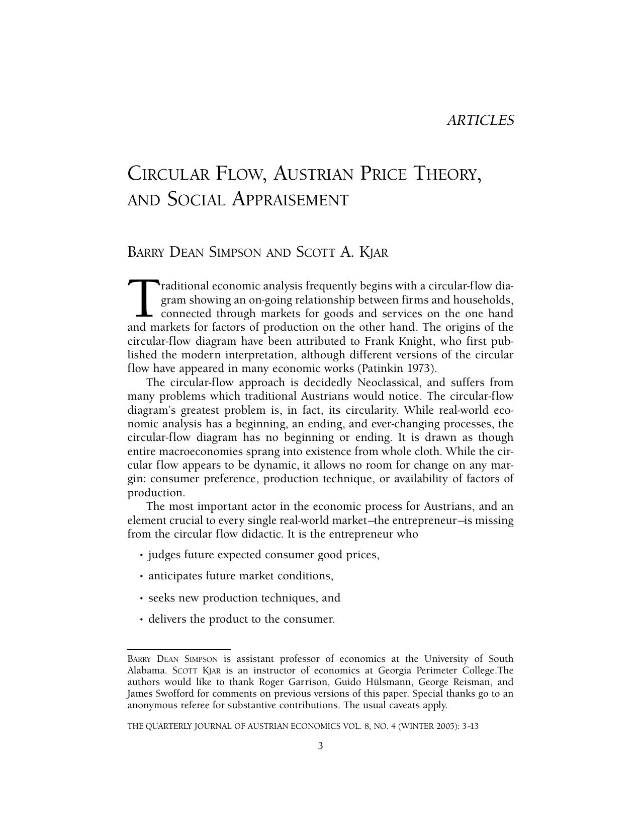 Circular Flow, Austrian Price Theory, and Social Appraisment