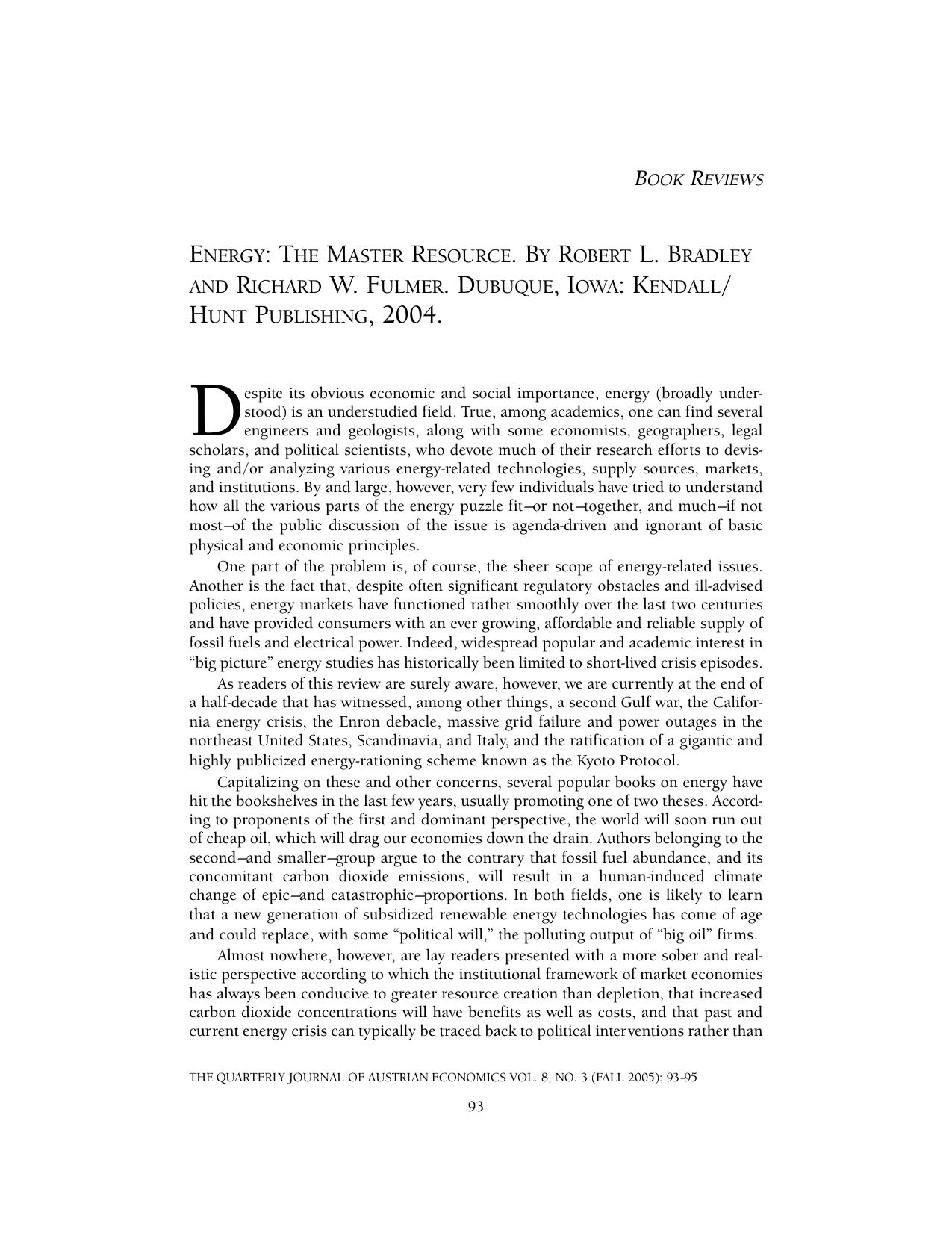 Review of Energy: The Master Resource