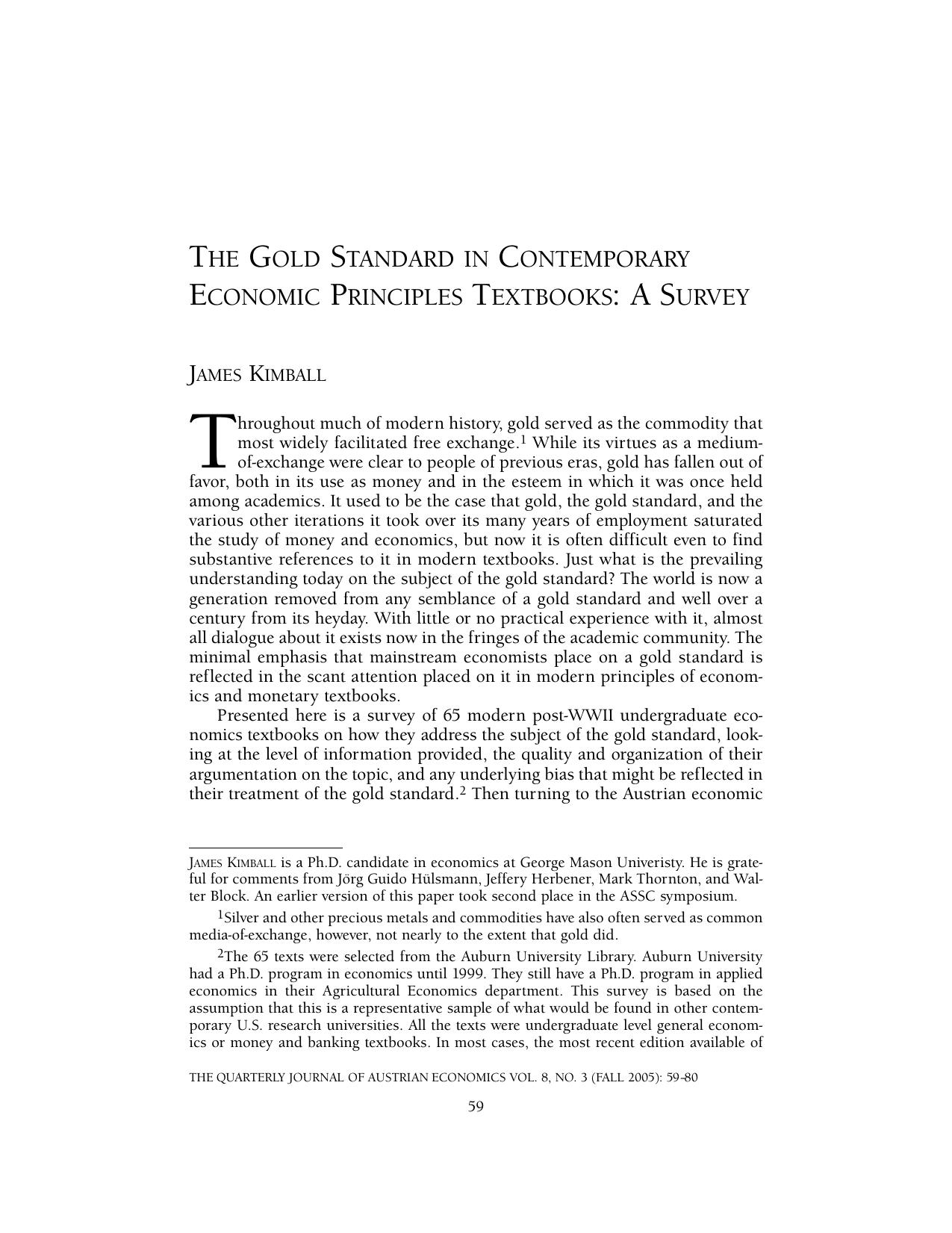 The Gold Standard in Contemporary Economic Principles Textbooks: A Survey
