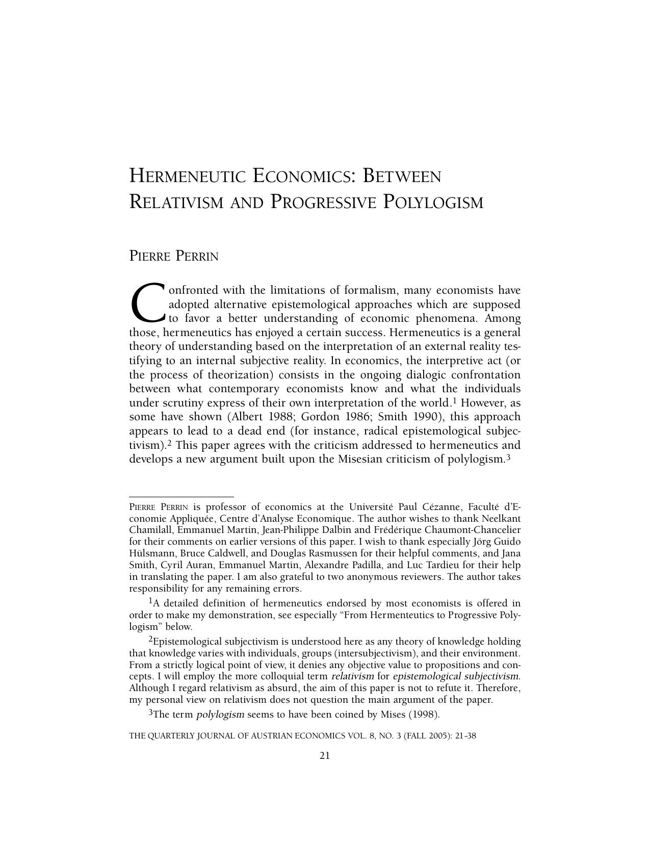 Hermeneutic Economics: Between Relativism and Pgrgressive Polyogism