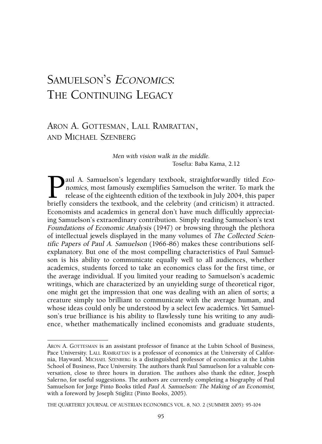 Samuelson's Economics: The Continuing Legacy