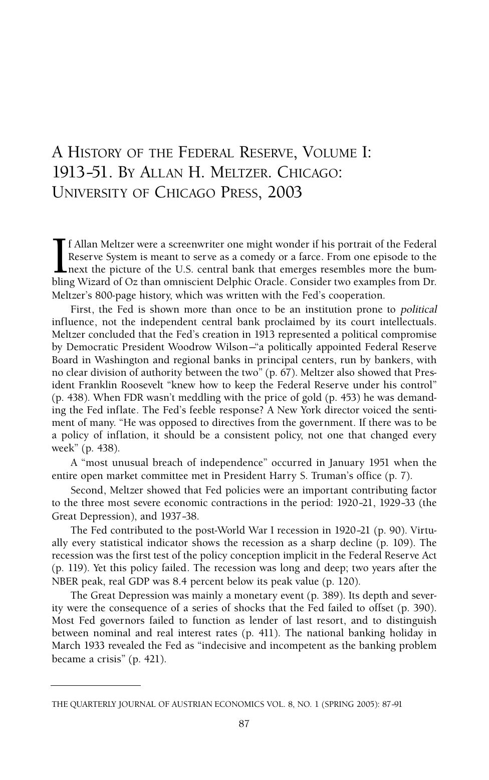 A History of the Federal Reserve, Volume I: 1913–51