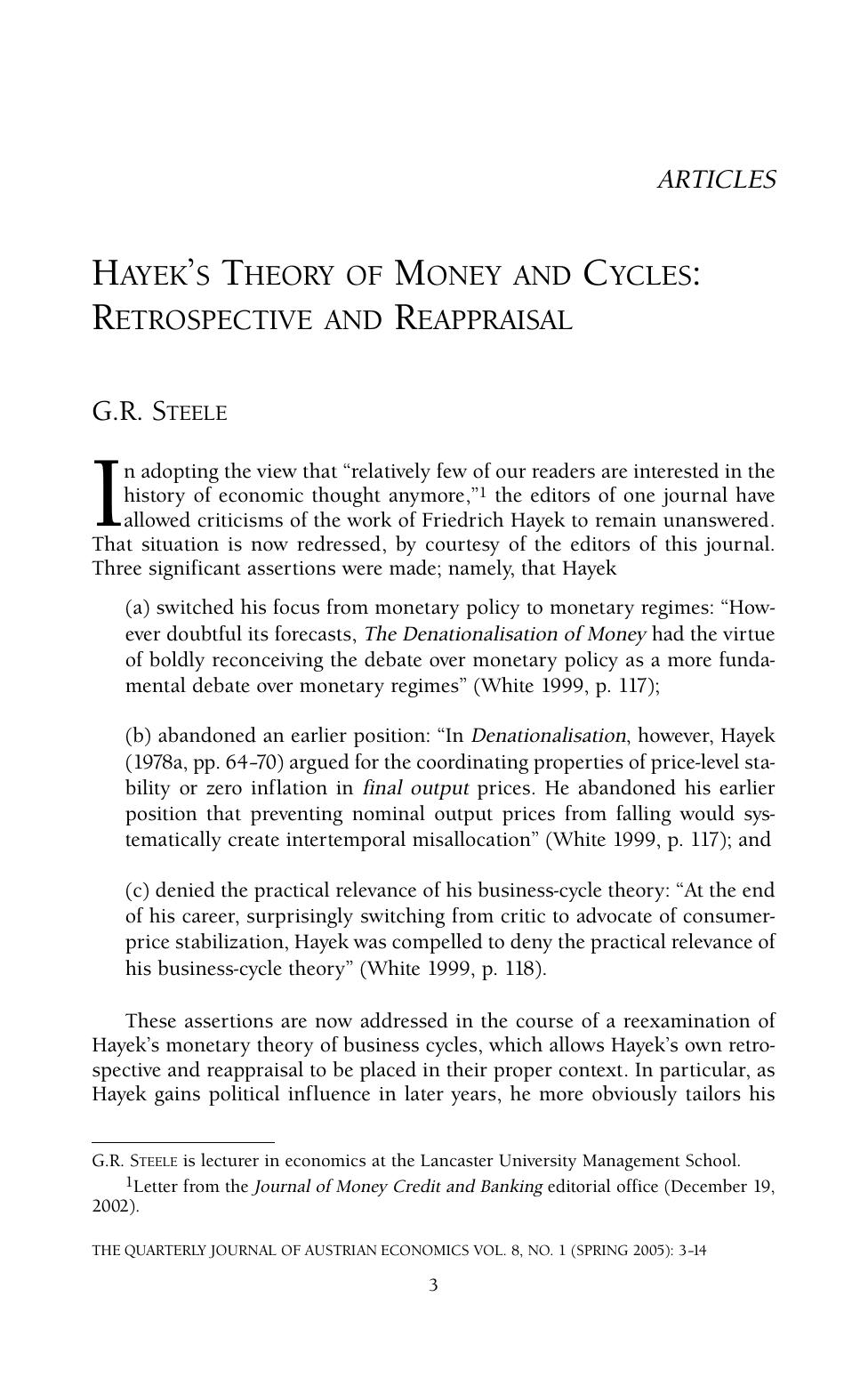 Hayek's Theory of Money and Cycles: Retrospective and Reappraisal