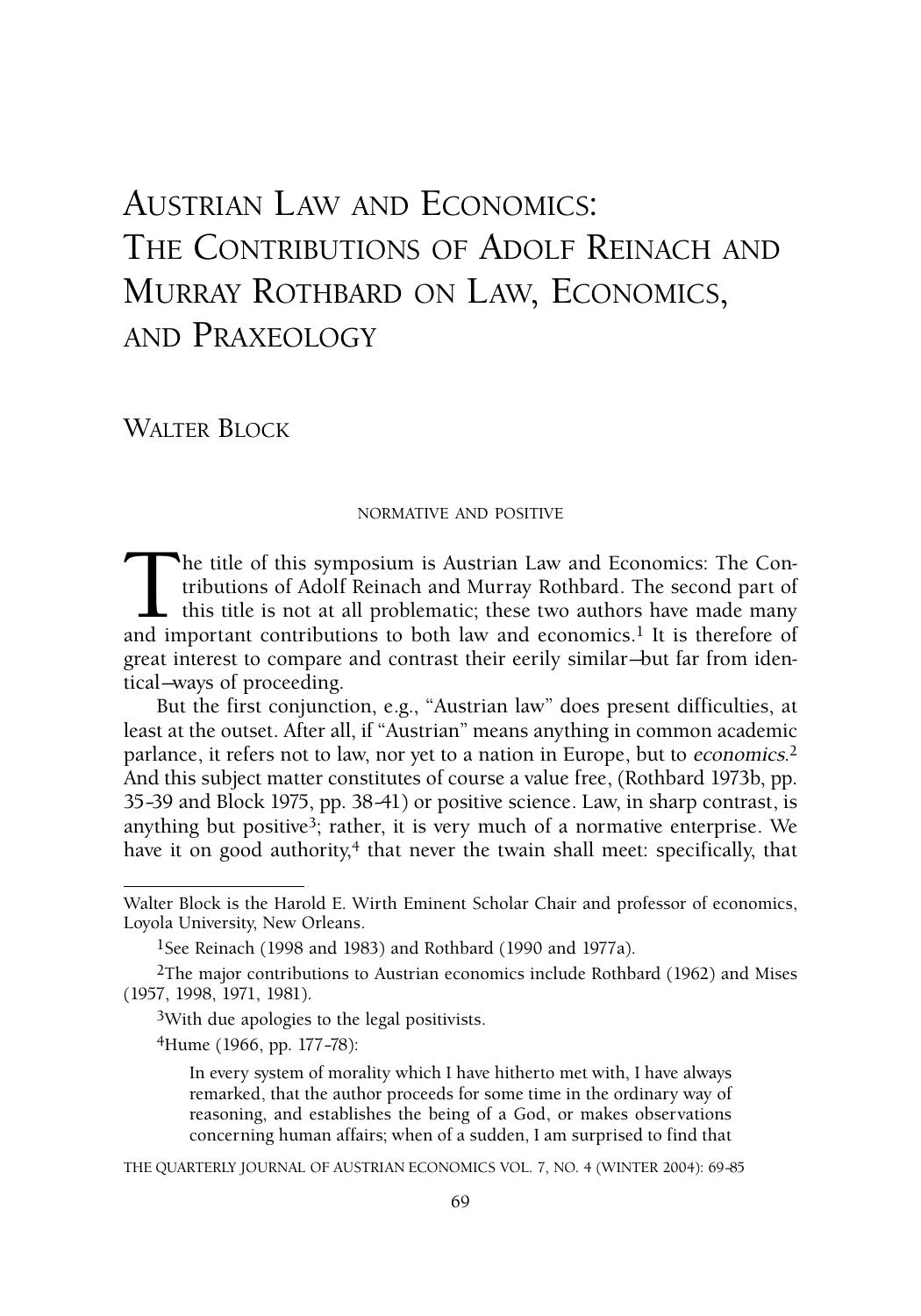 Austrian Law and Economics: The Contributions of Adolf Reinach and Murray Rothbard on Law, Economics, and Praxeology