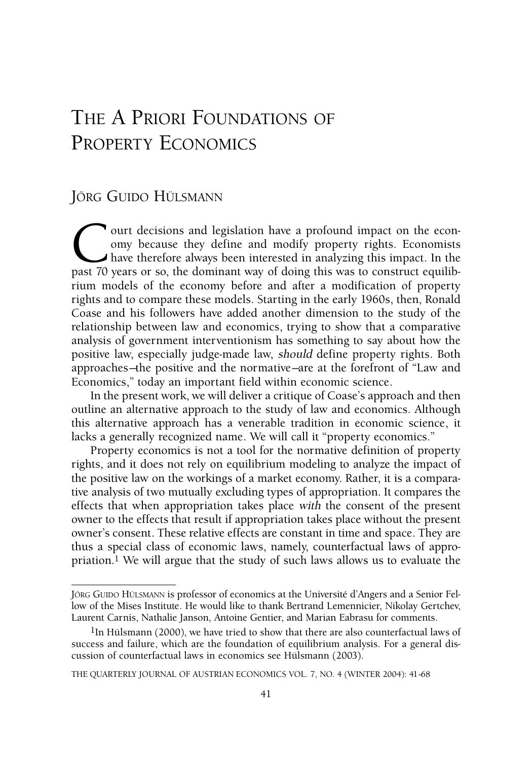 The A Priori Foundations of Property Economics