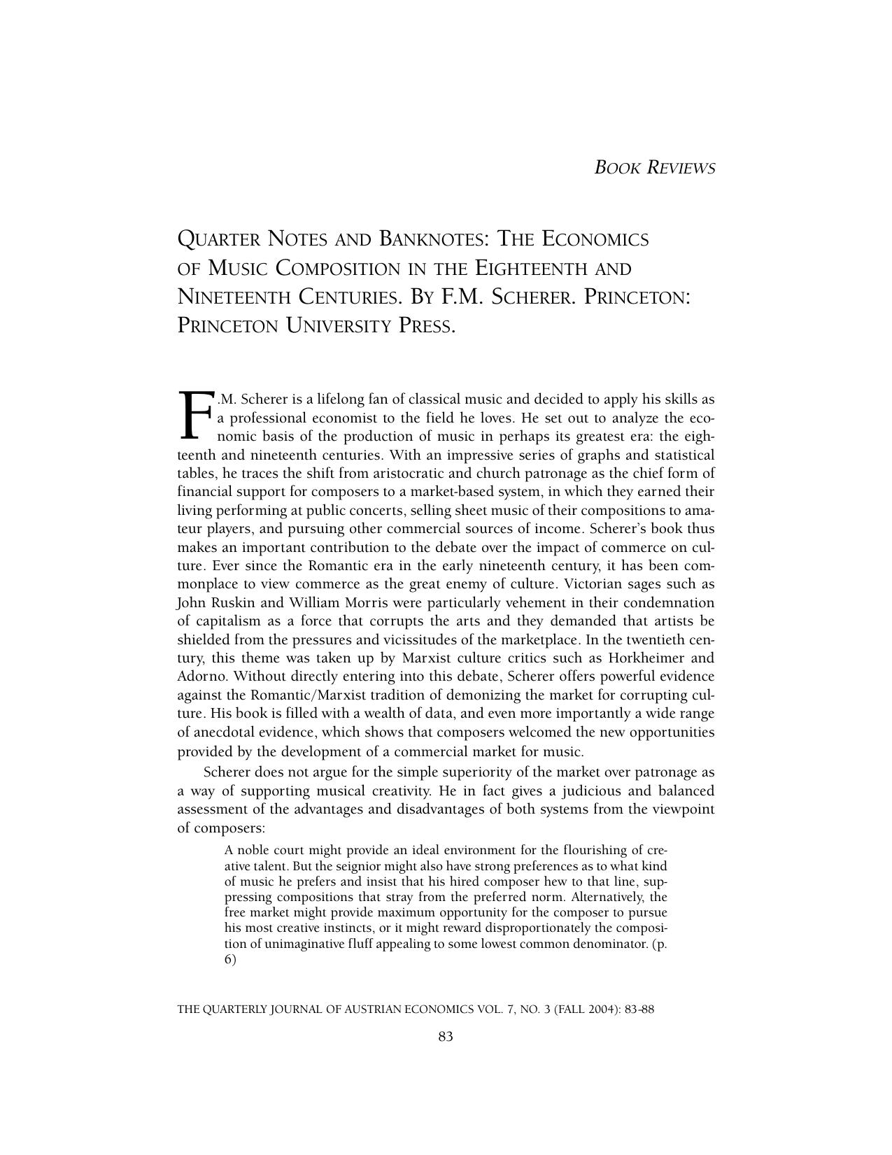 Book Review: Quarter Notes and Banknotes: The Economics of Music Composition in the Eighteenth and Nineteenth Centuries by F.M. Scherer