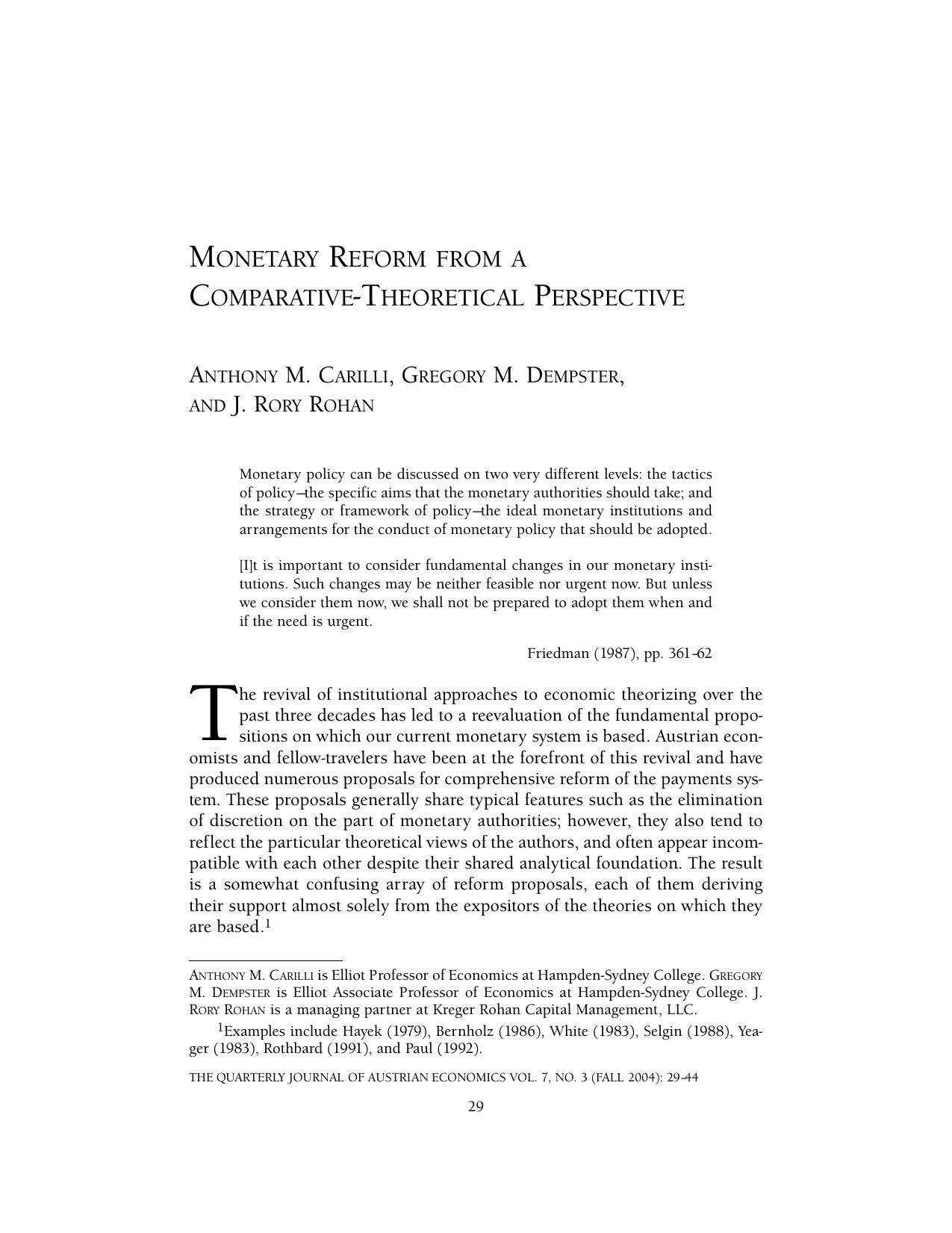 Monetary Reform from a Comparative-Theoretical Perspective