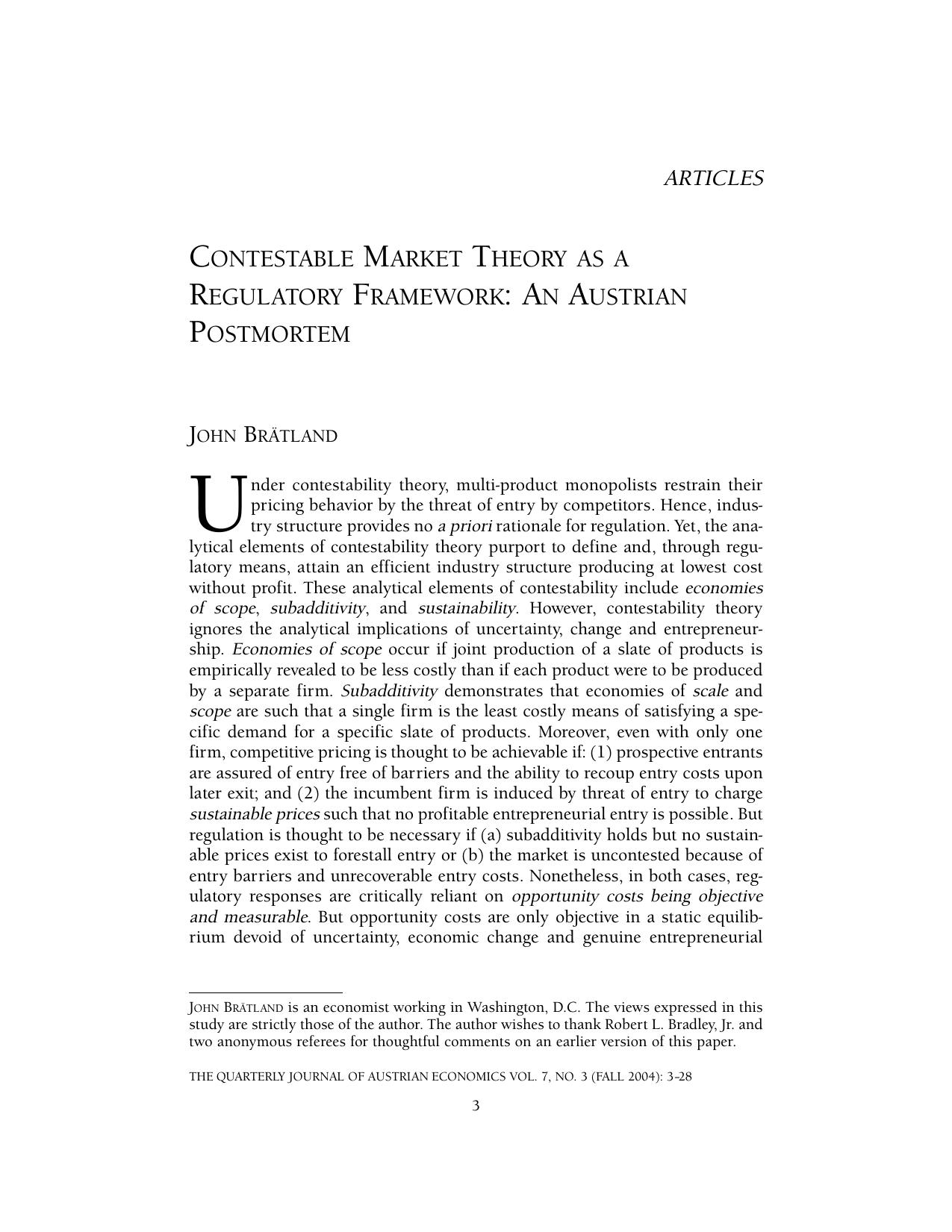 Contestable Market Theory as a Regulatory Framework: An Austrian Postmortem
