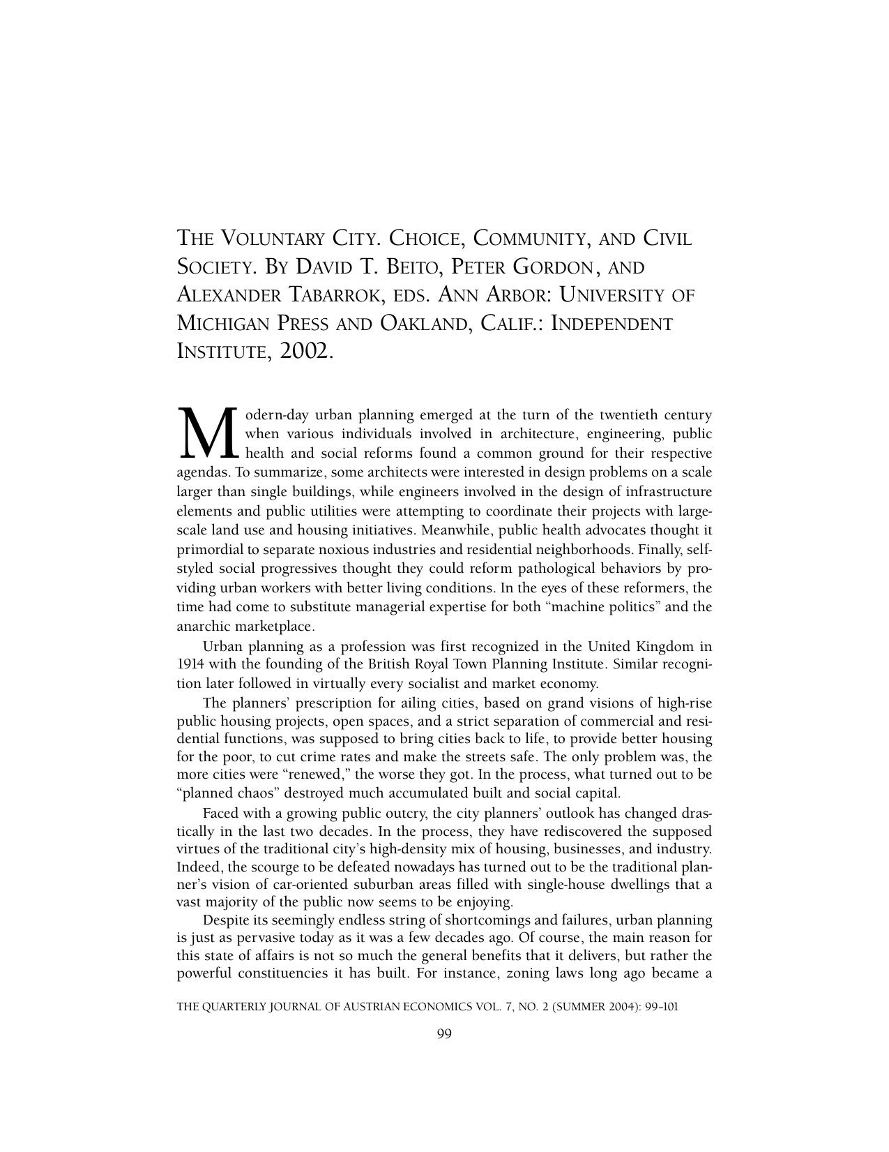 The Voluntary City: Choice, Community, and Civil Society