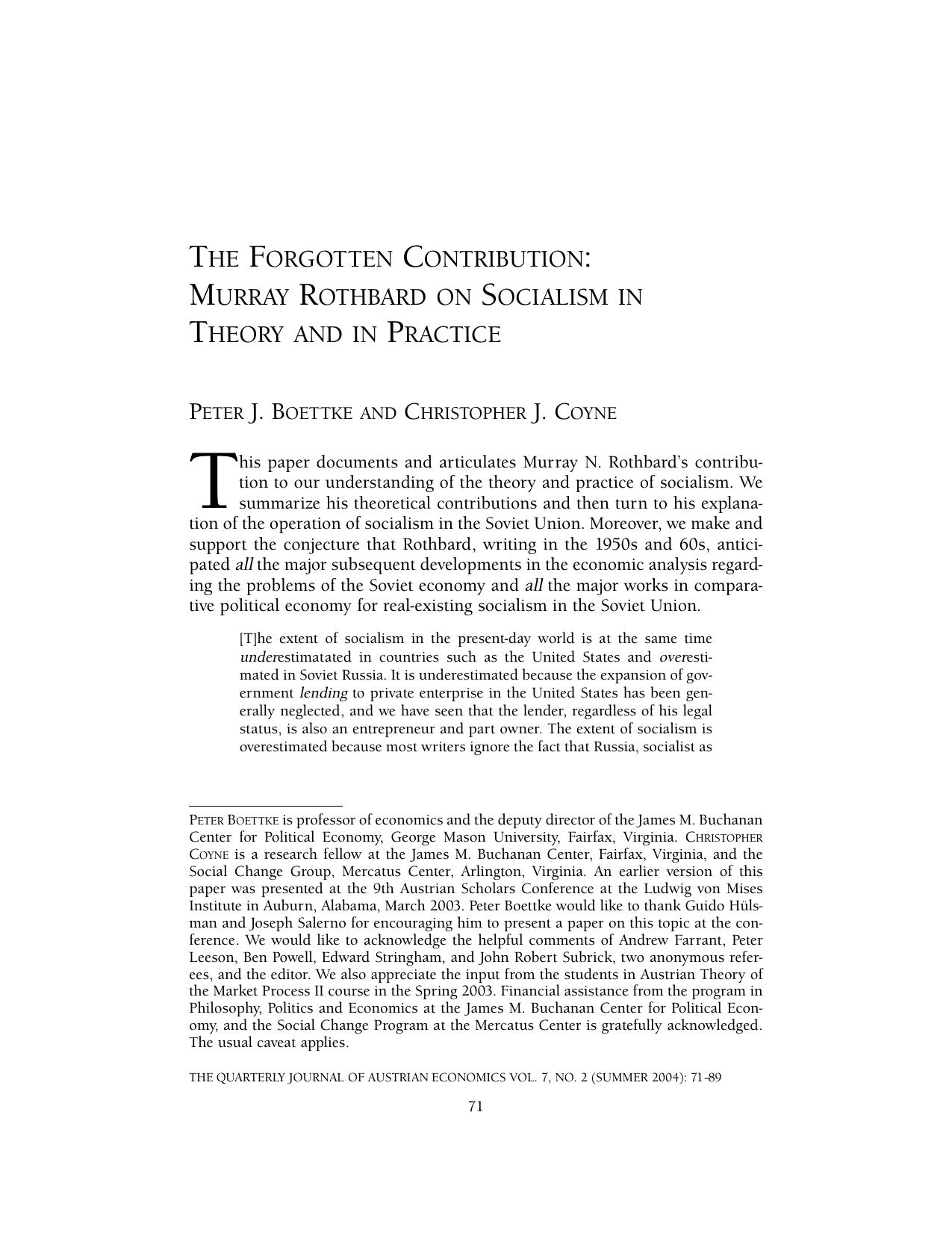 The Forgotten Contribution: Murray Rothbard on Socialism in Theory and in Practice