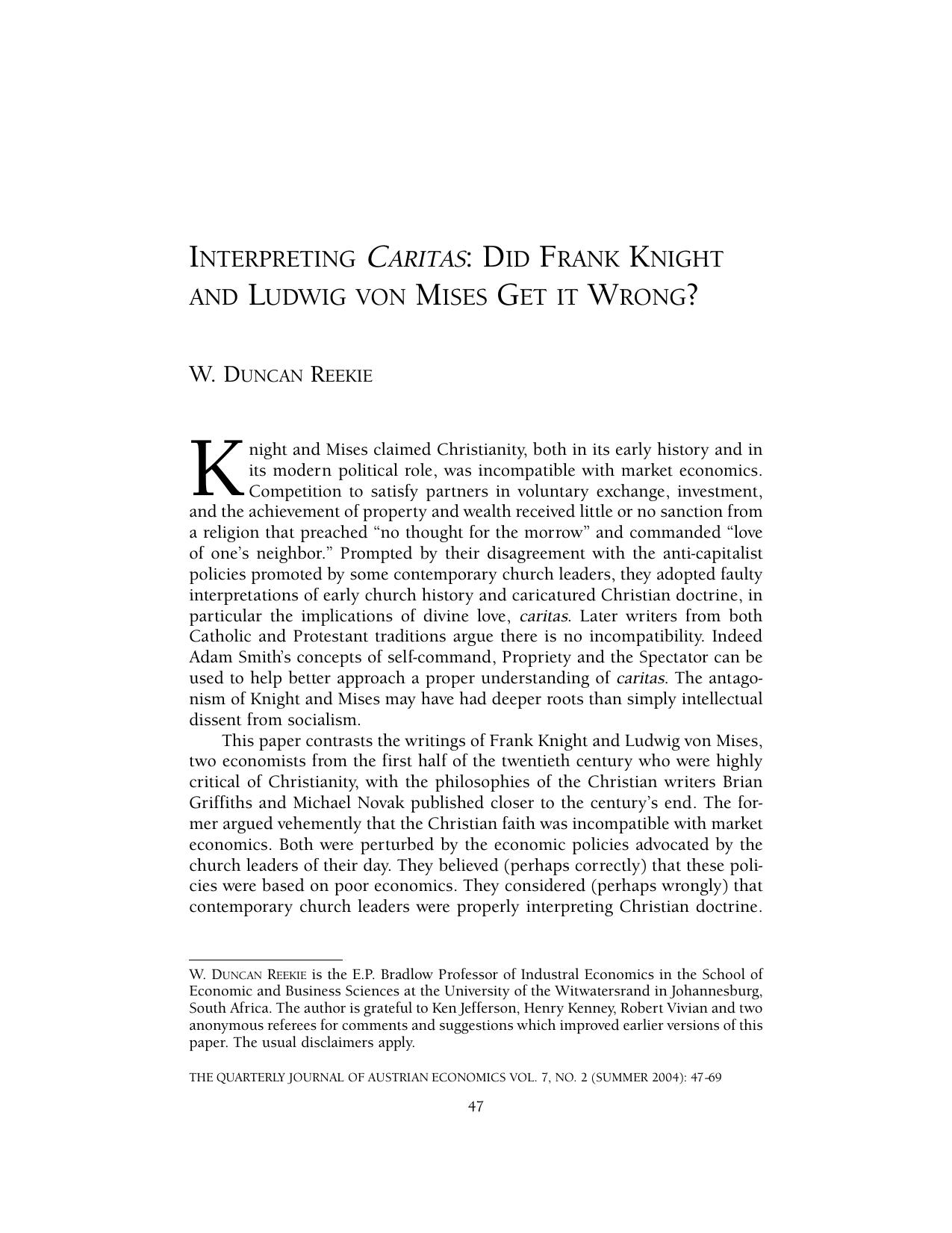 Interpreting Caritas: Did Frank Knight and Ludwig von Mises Get it Wrong?