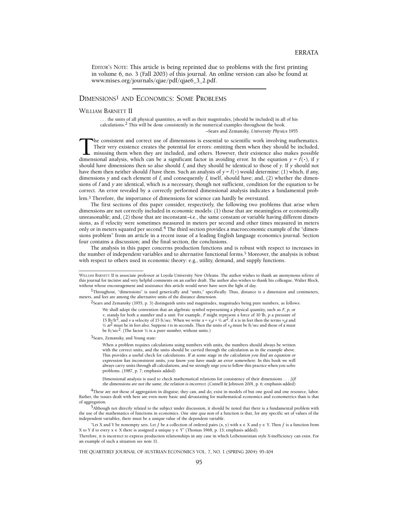Dimensions and Economics: Some Problems Errata