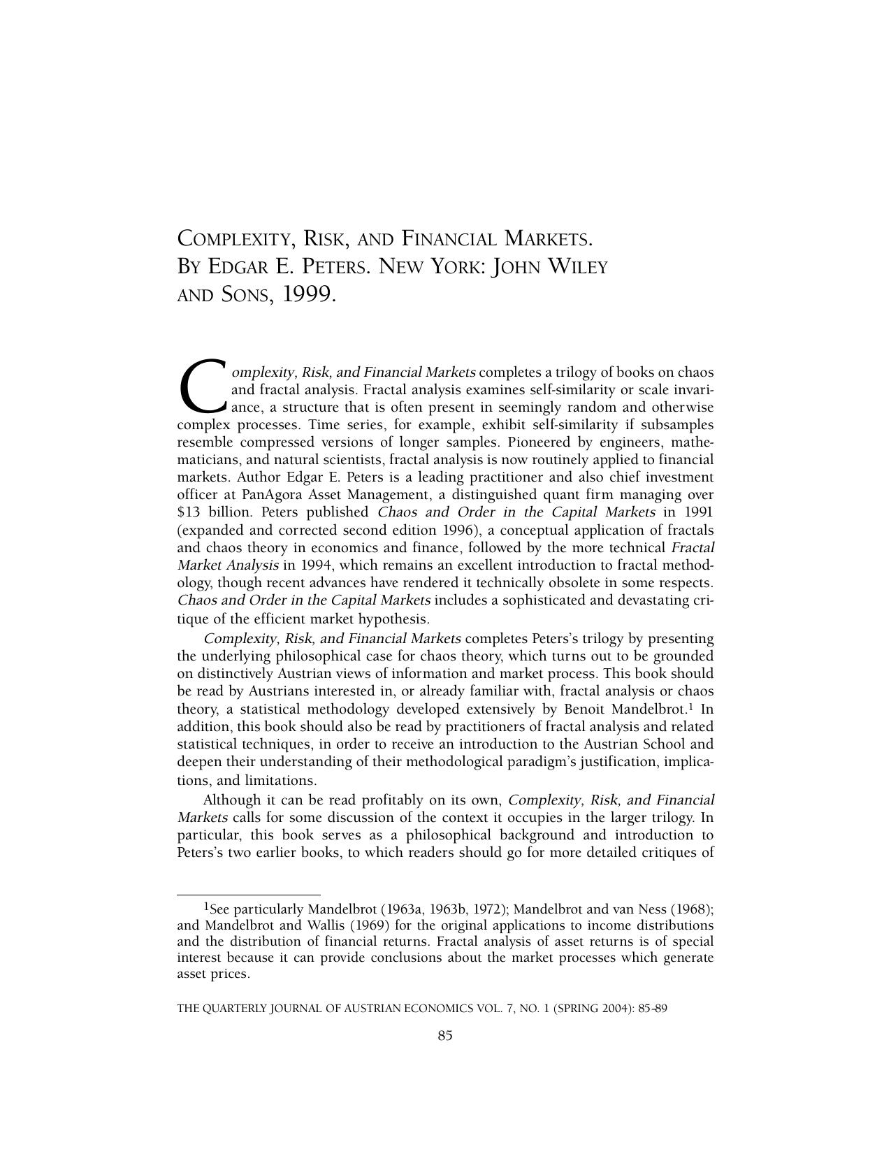 Complexity, Risk, and Financial Markets by Edgar E. Petters