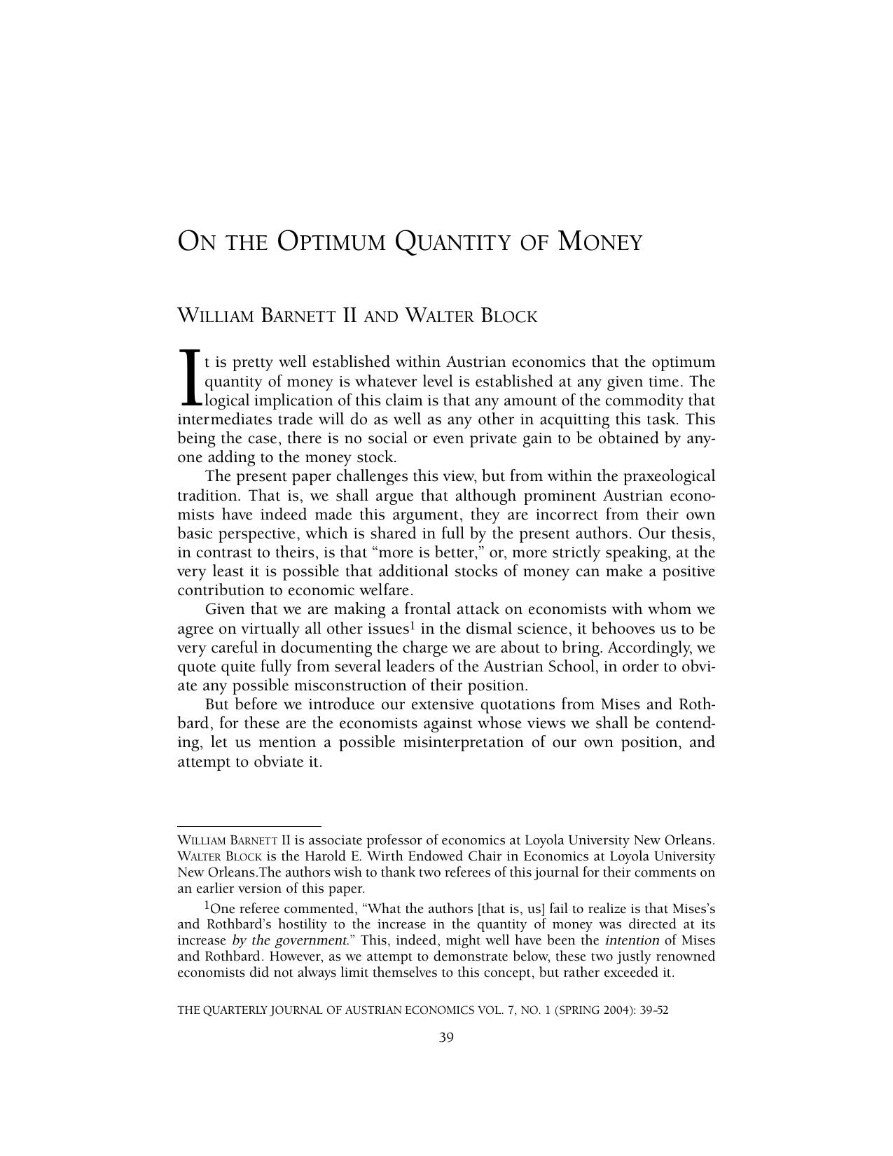On the Optimum Quantity of Money