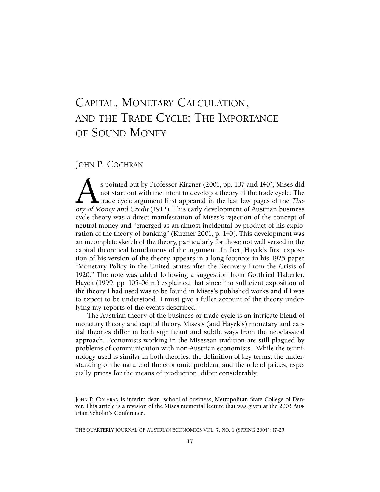 Capital, Monetary Calculation, and the Trade Cycle: The Importance of Sound Money