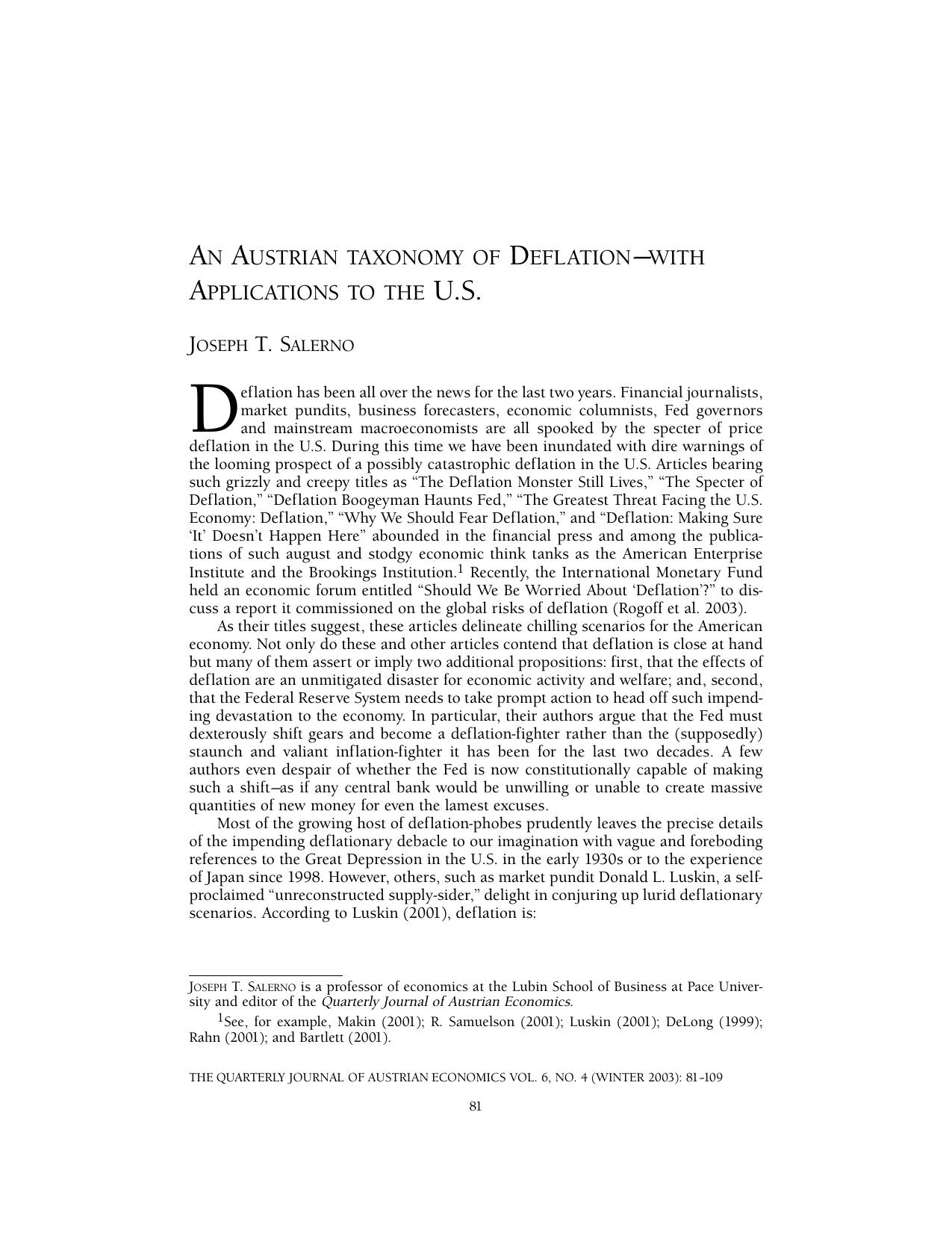 An Austrian Taxonomy of Deflation—With Applications to the U.S.