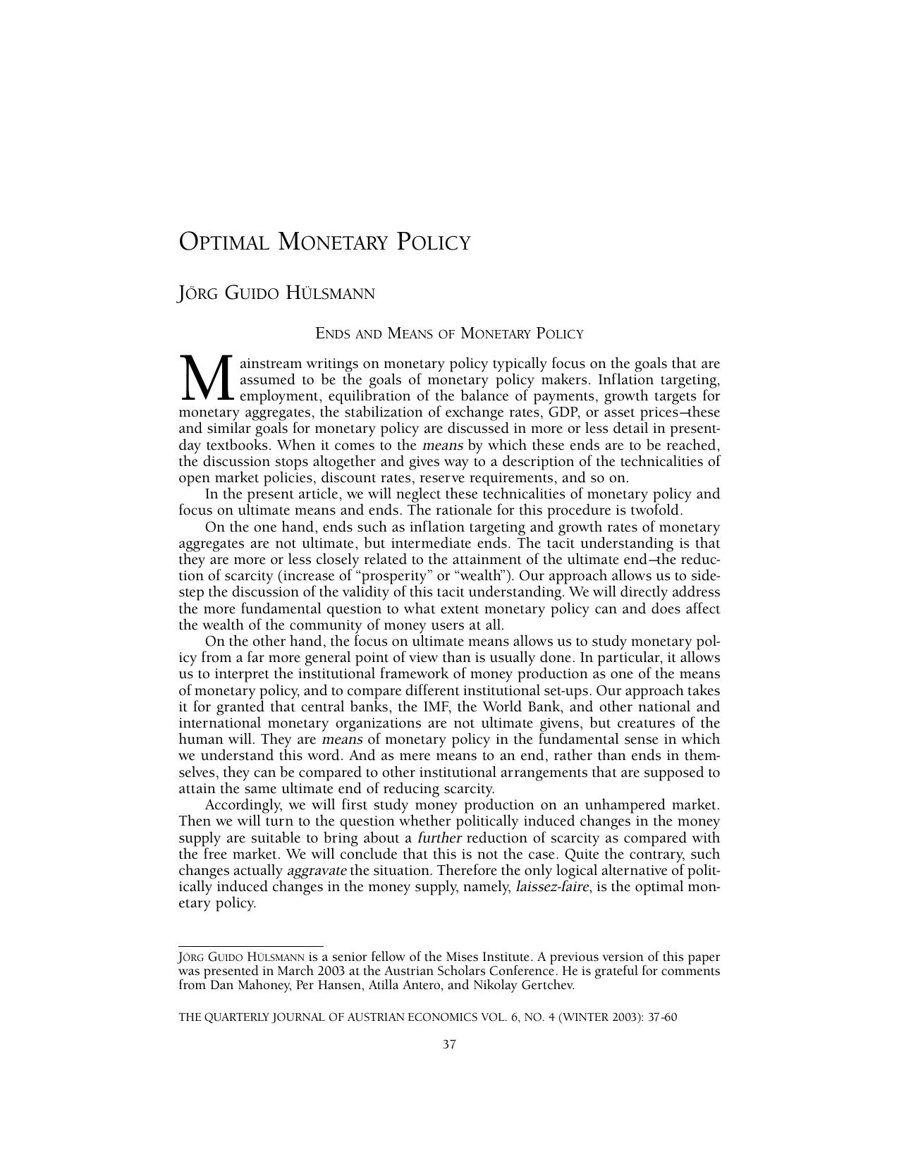 Optimal Monetary Policy