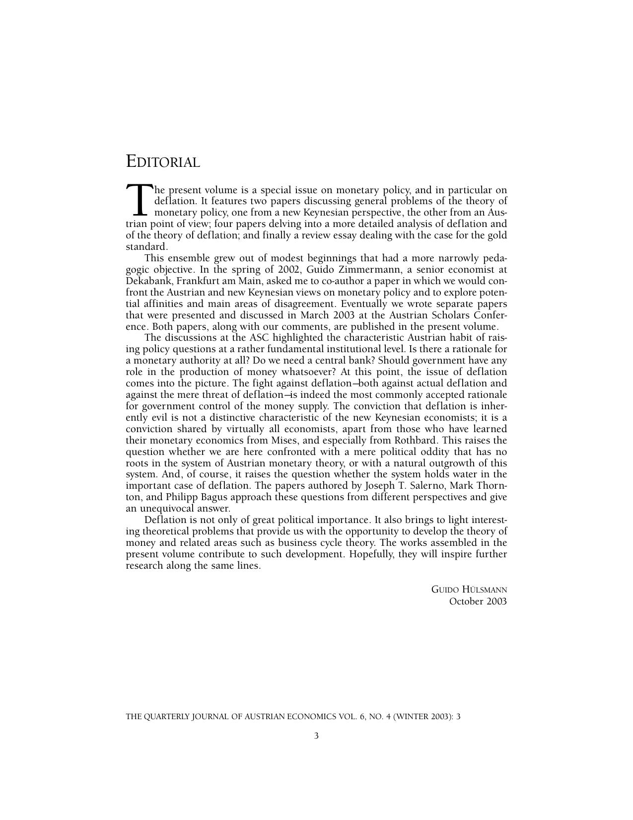 Editorial—Special Issue on Deflation
