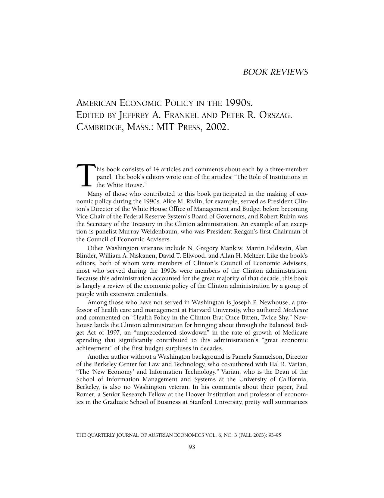 American Economic Policy in the 1990s edited by Jeffrey A. Frankel and Peter R. Orszag