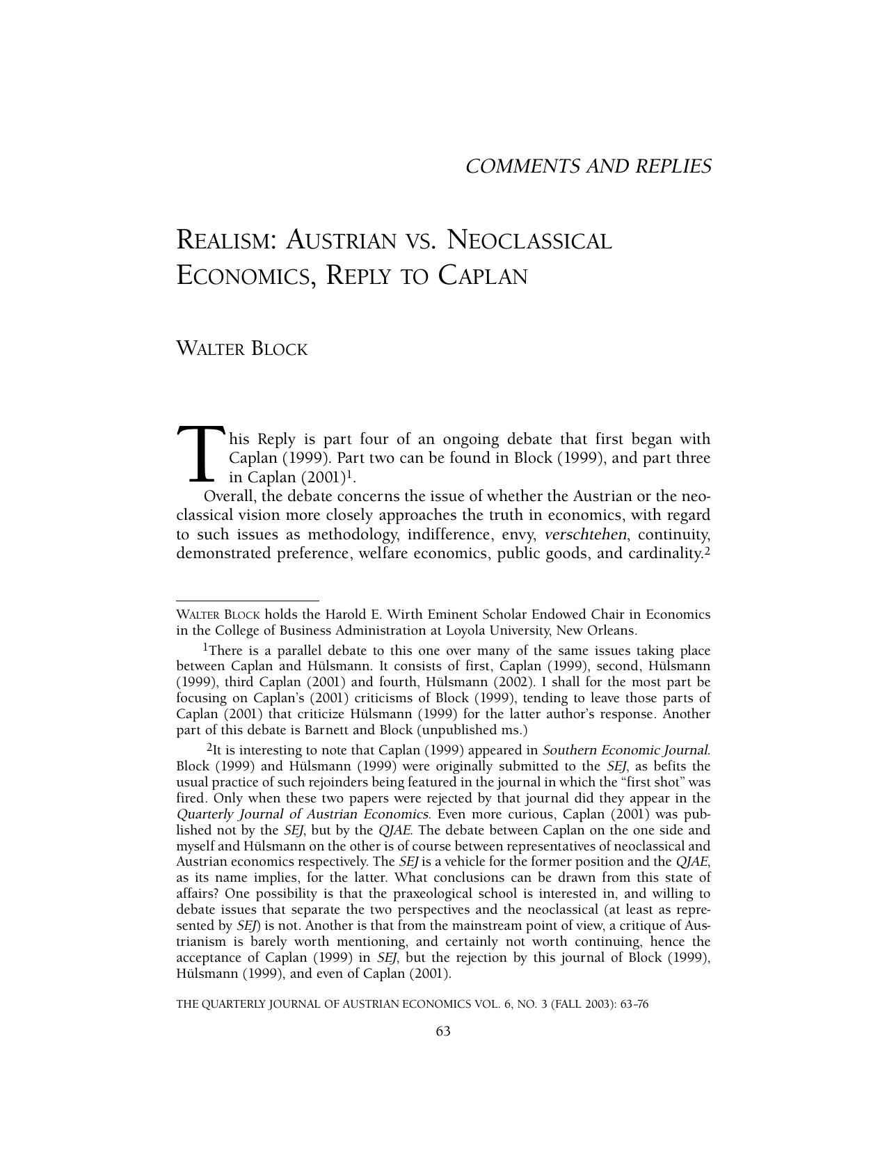 Realism: Austrian vs. Neoclassical Economics, Reply to Caplan