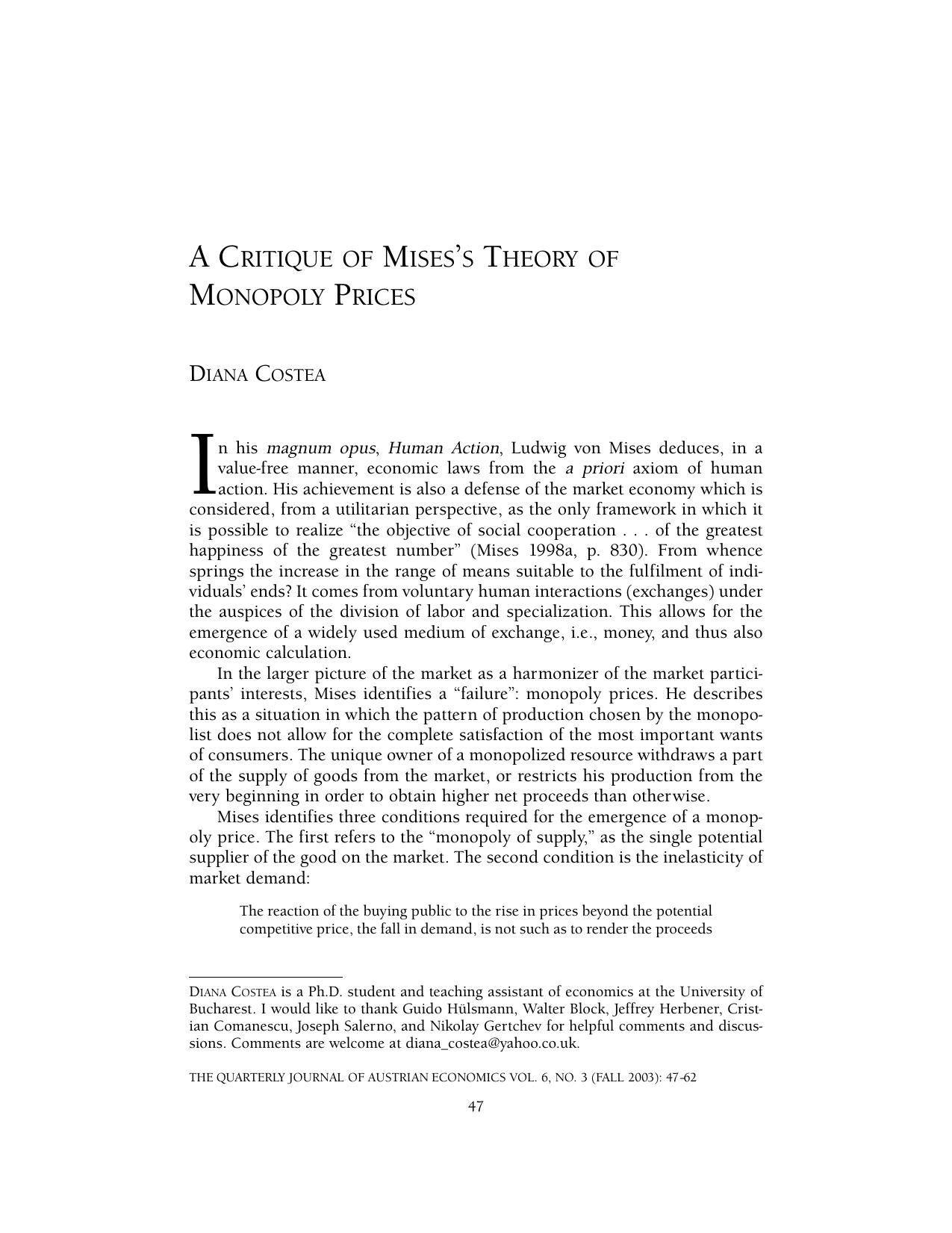 A Critique of Mises's Theory of Monopoly Prices