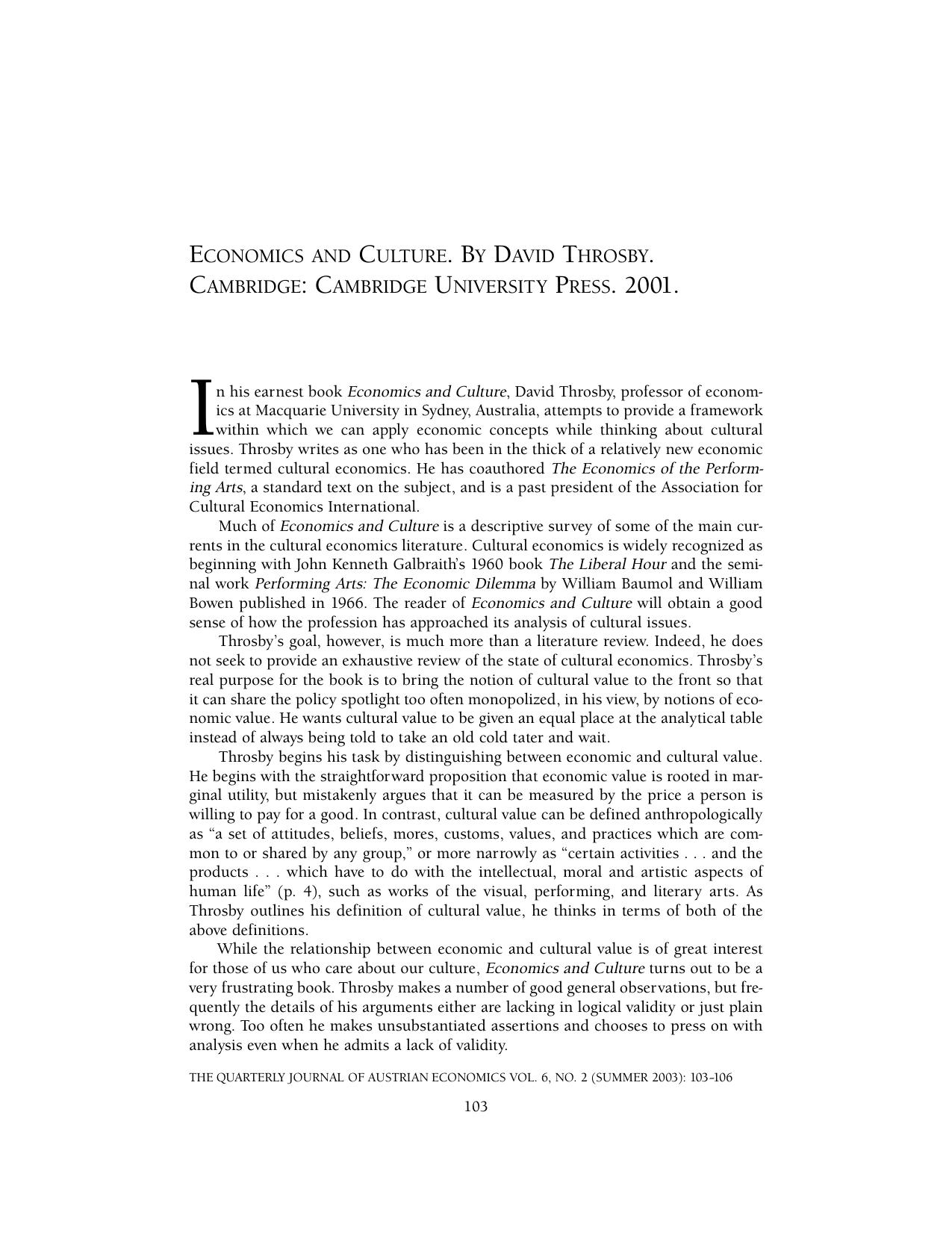 Economics and Culture by David Throsby