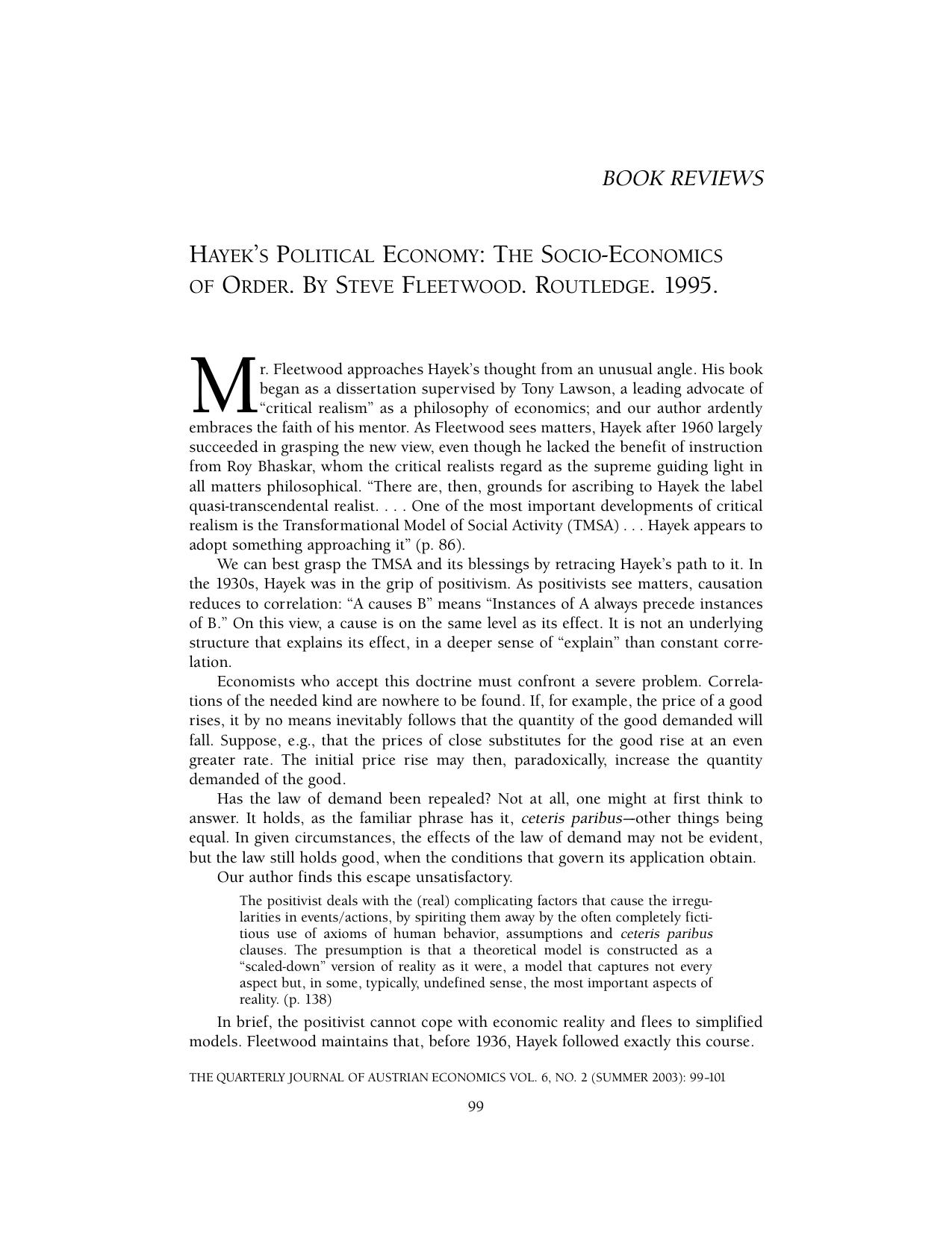 Hayek's Political Economy: The Socio-Economics of Order by Steve Fleetwood
