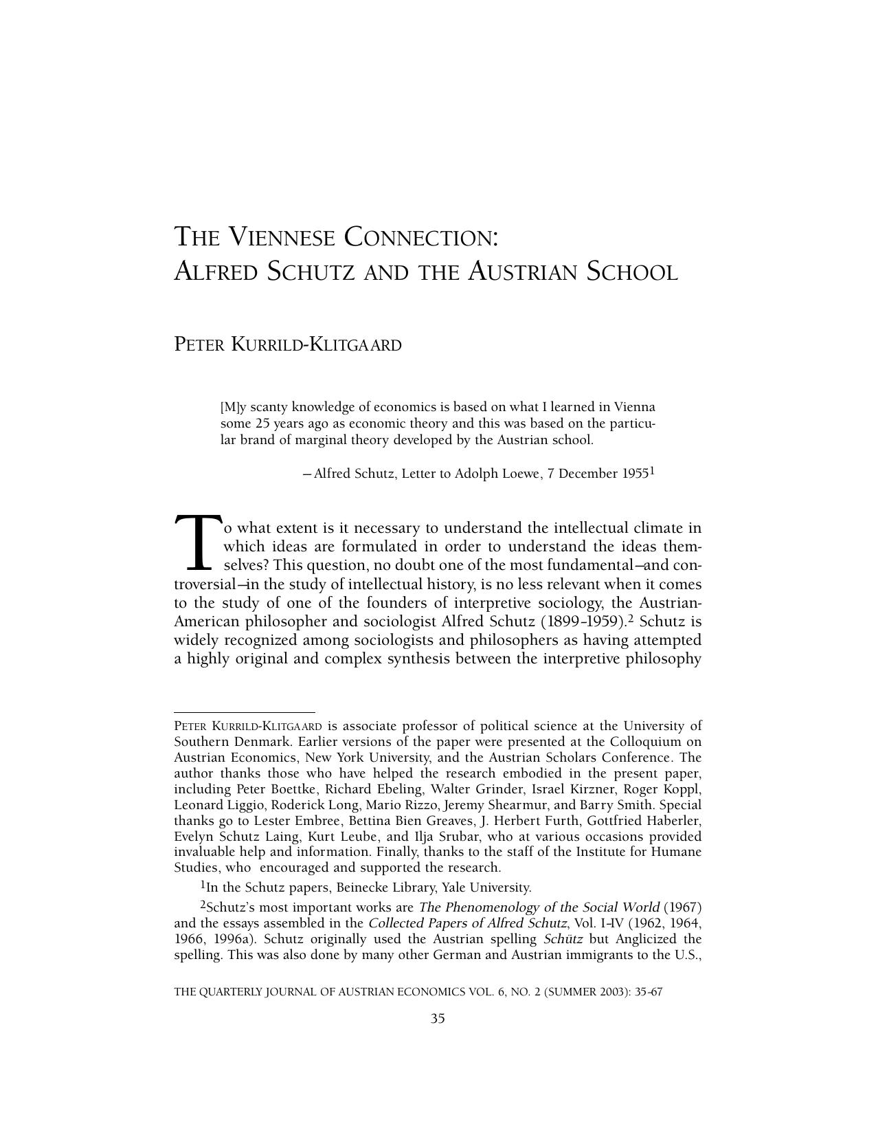 The Viennese Connection: Alfred Schutz and the Austrian School