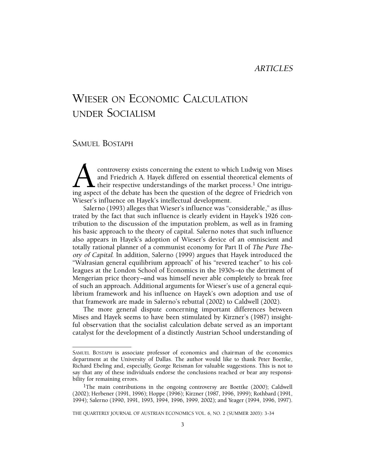 Wieser on Economic Calculation under Sociolism