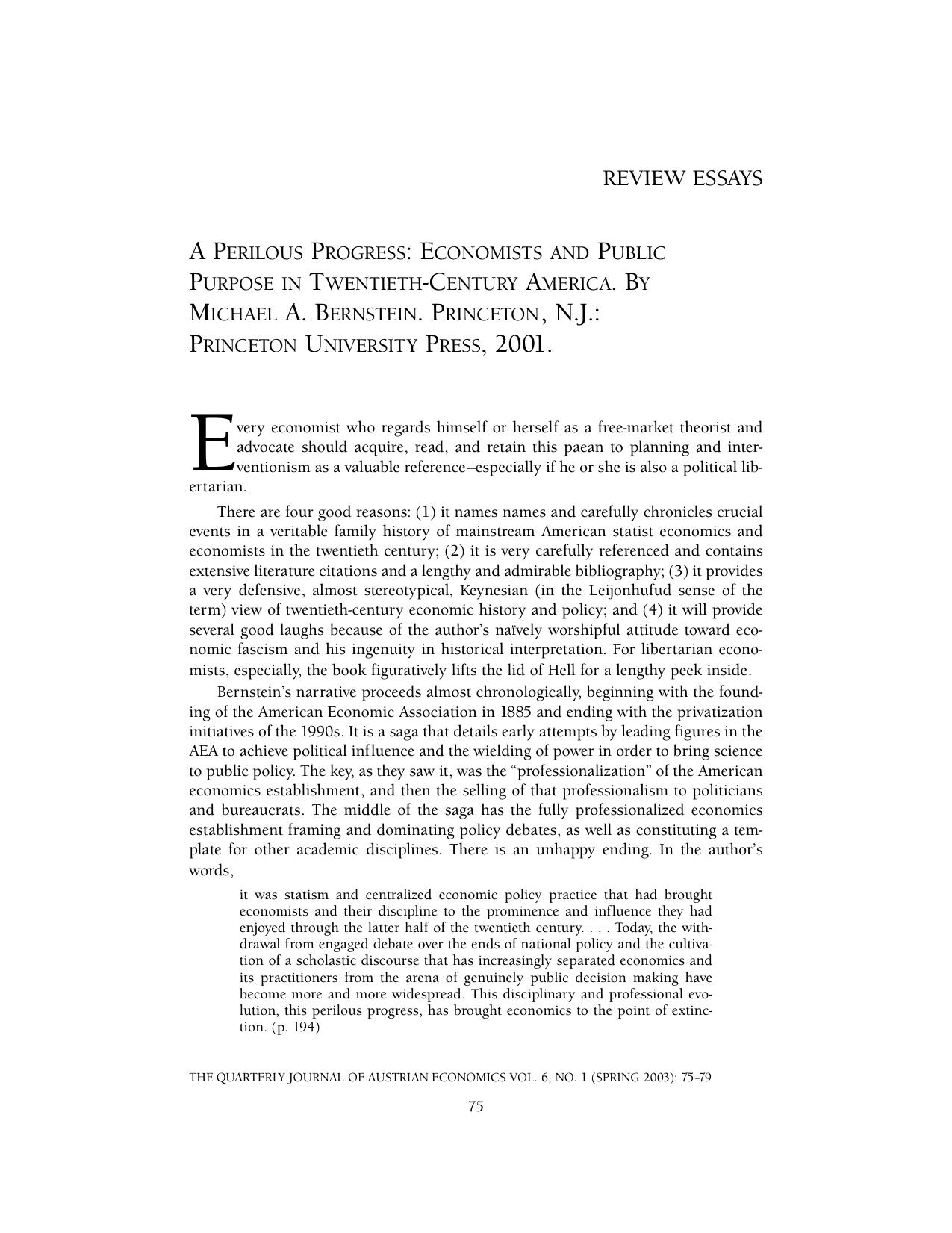 A Perilous Progress: Economists and Public Purpose in  Twentieth-Century America