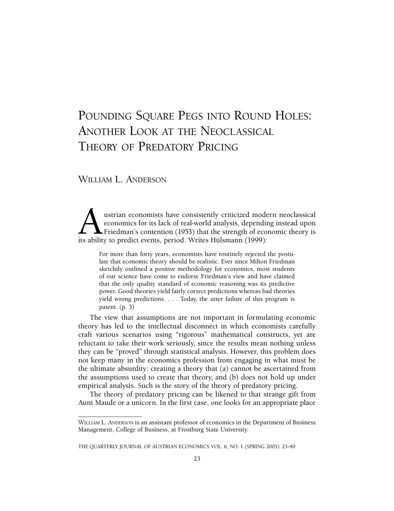 Pounding Square Pegs into Round Holes: Another Look at the Neoclassical Theory of Predatory Pricing