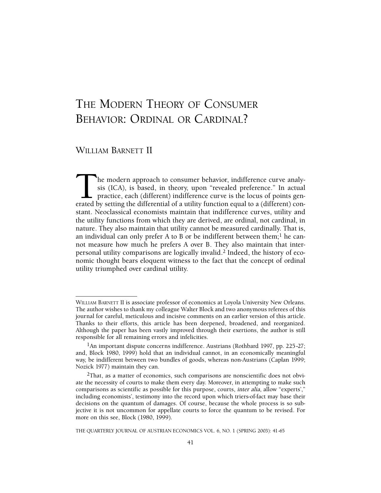 The Modern Theory of Consumer Behaviro: Ordinal or Cardinal?