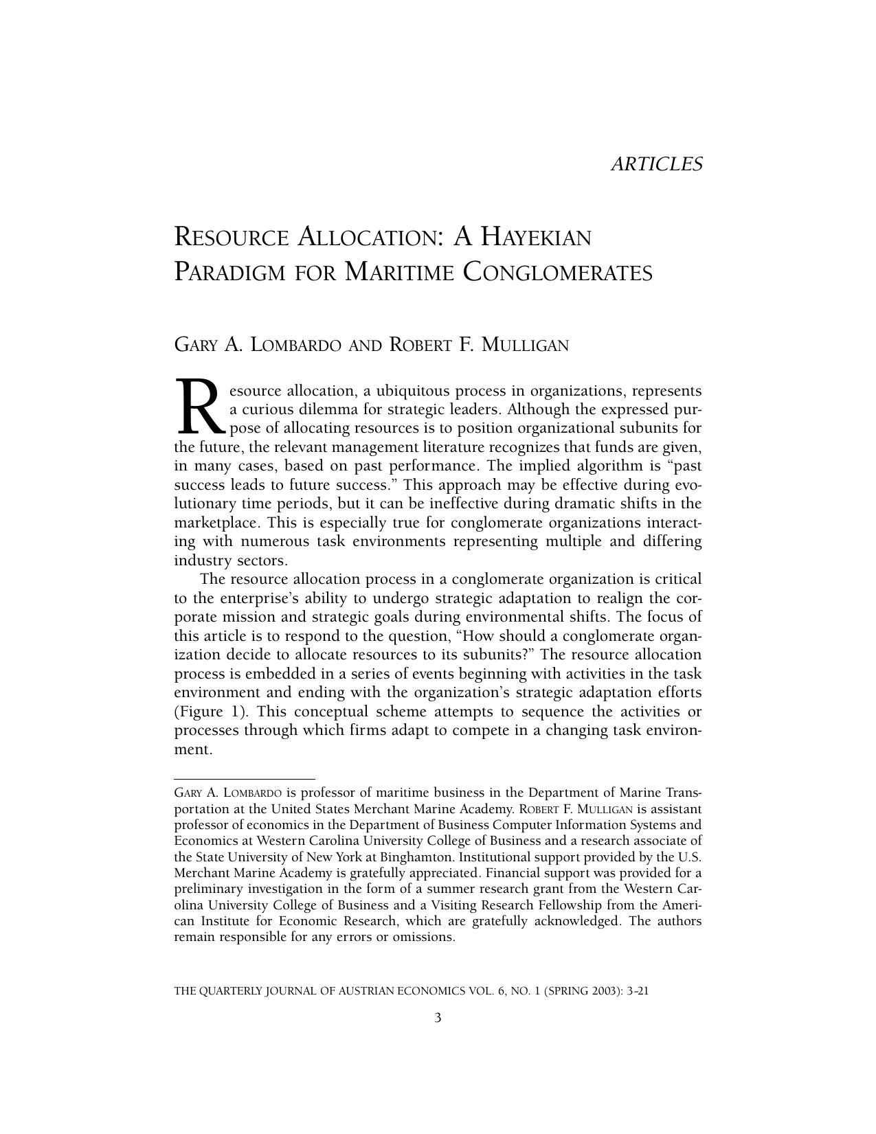 Resource Allocation: A Hayekian Paradigm for Maritime Conglomerates
