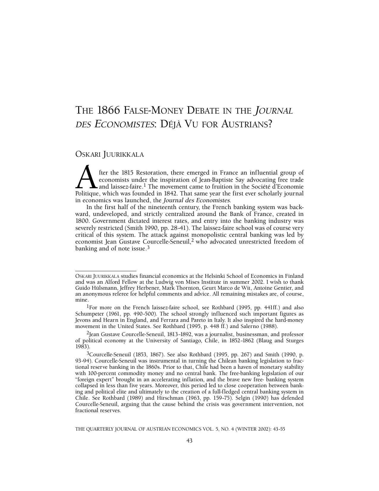 The 1866 False-Money Debate in the Journal Des Economistes: Deja Vue for Austrians