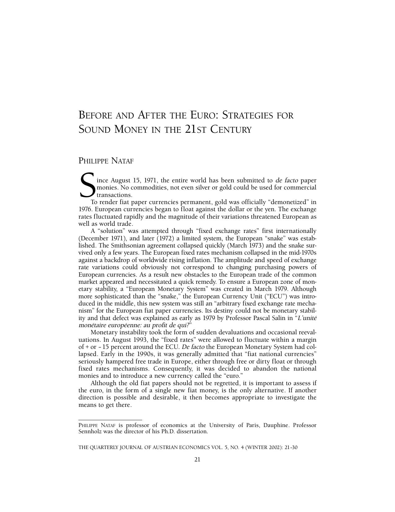 Before and AFter the Euro: Strategies for Sound Money in the 21st Century