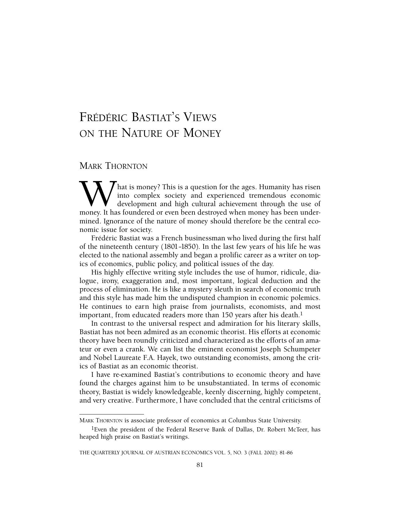 Frederic Bastiat's Views on the Nature of Money
