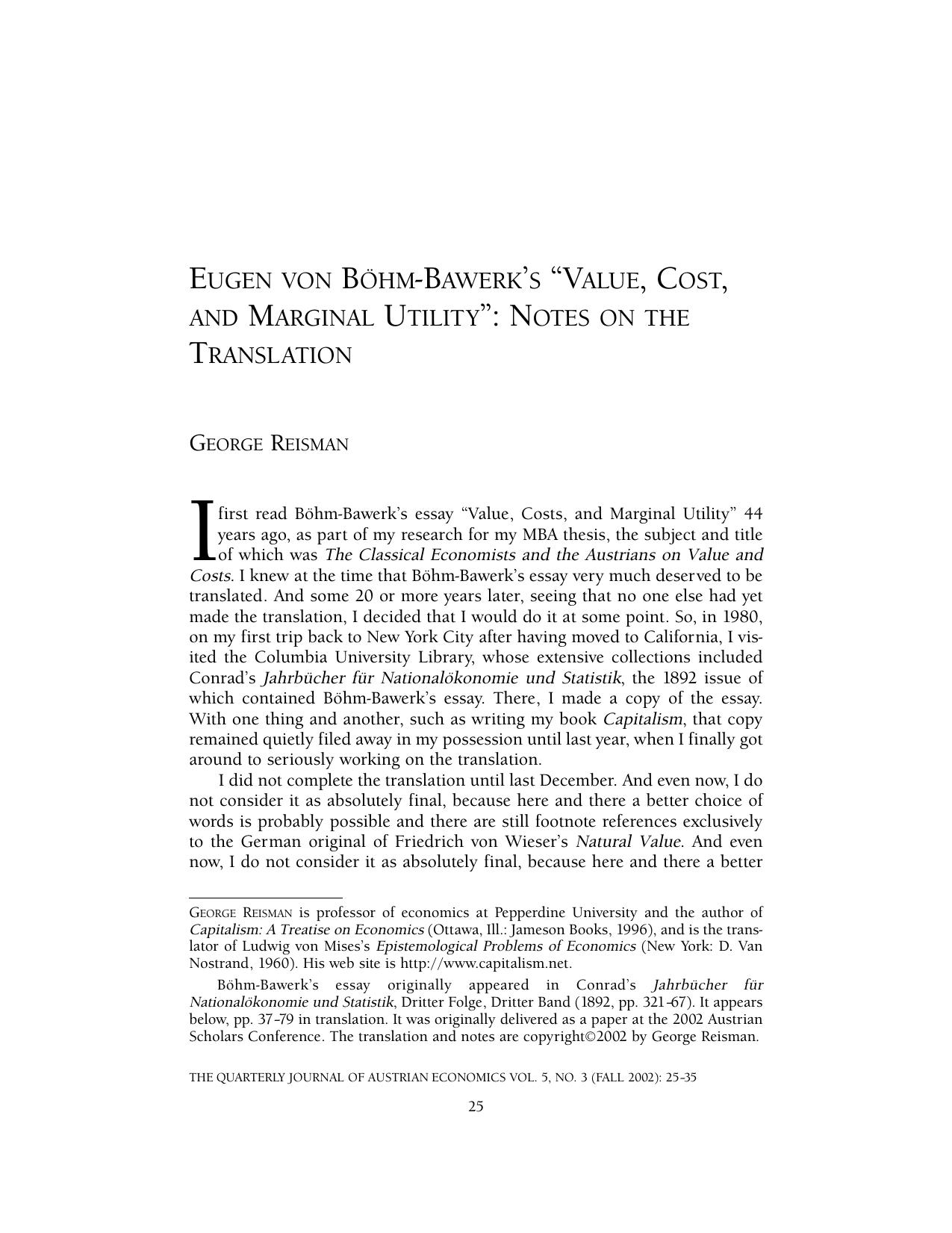 Eugen Von Bohm-Bawer's "Value, Cost, and Marginal Utility": Notes on the Translation