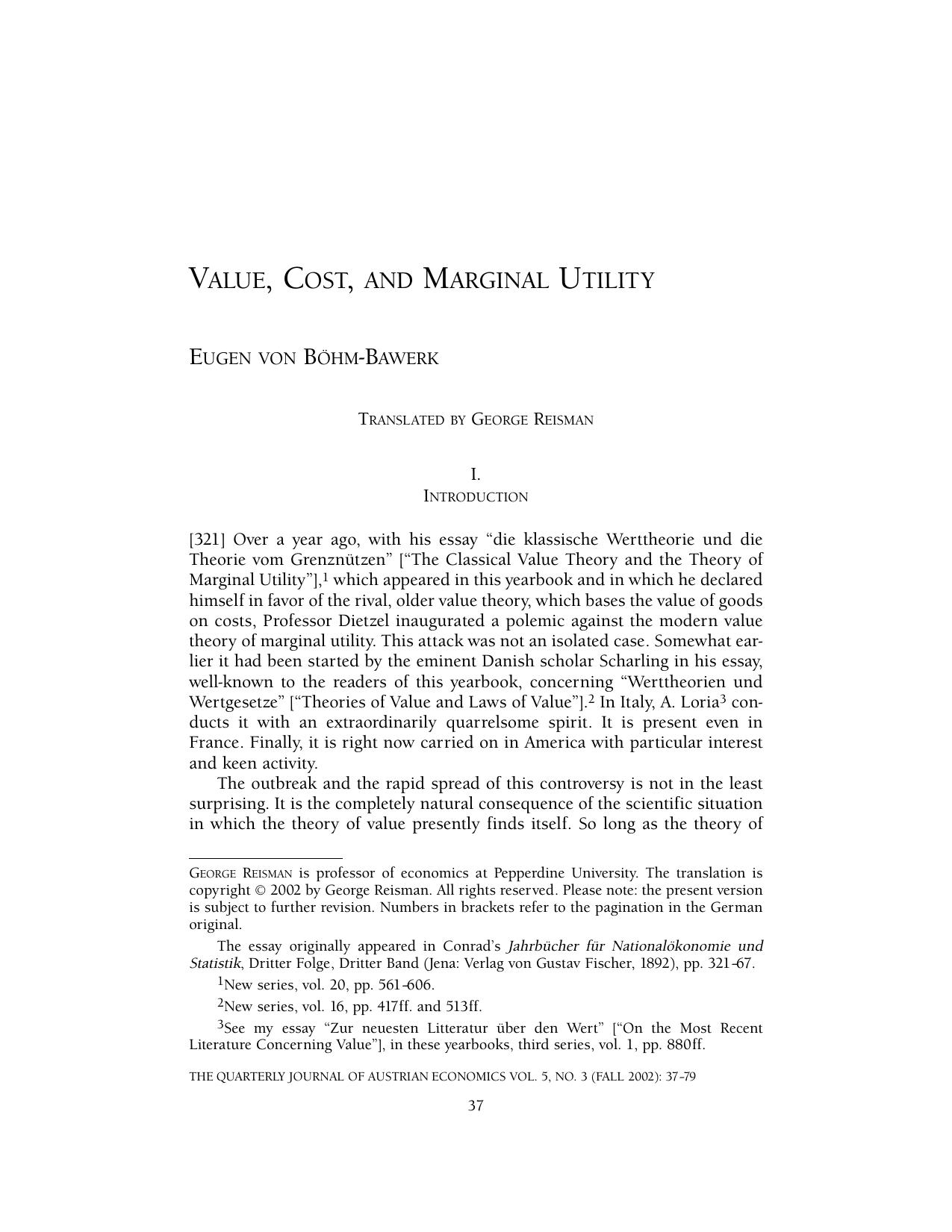 Value, Cost, and Marginal Utility