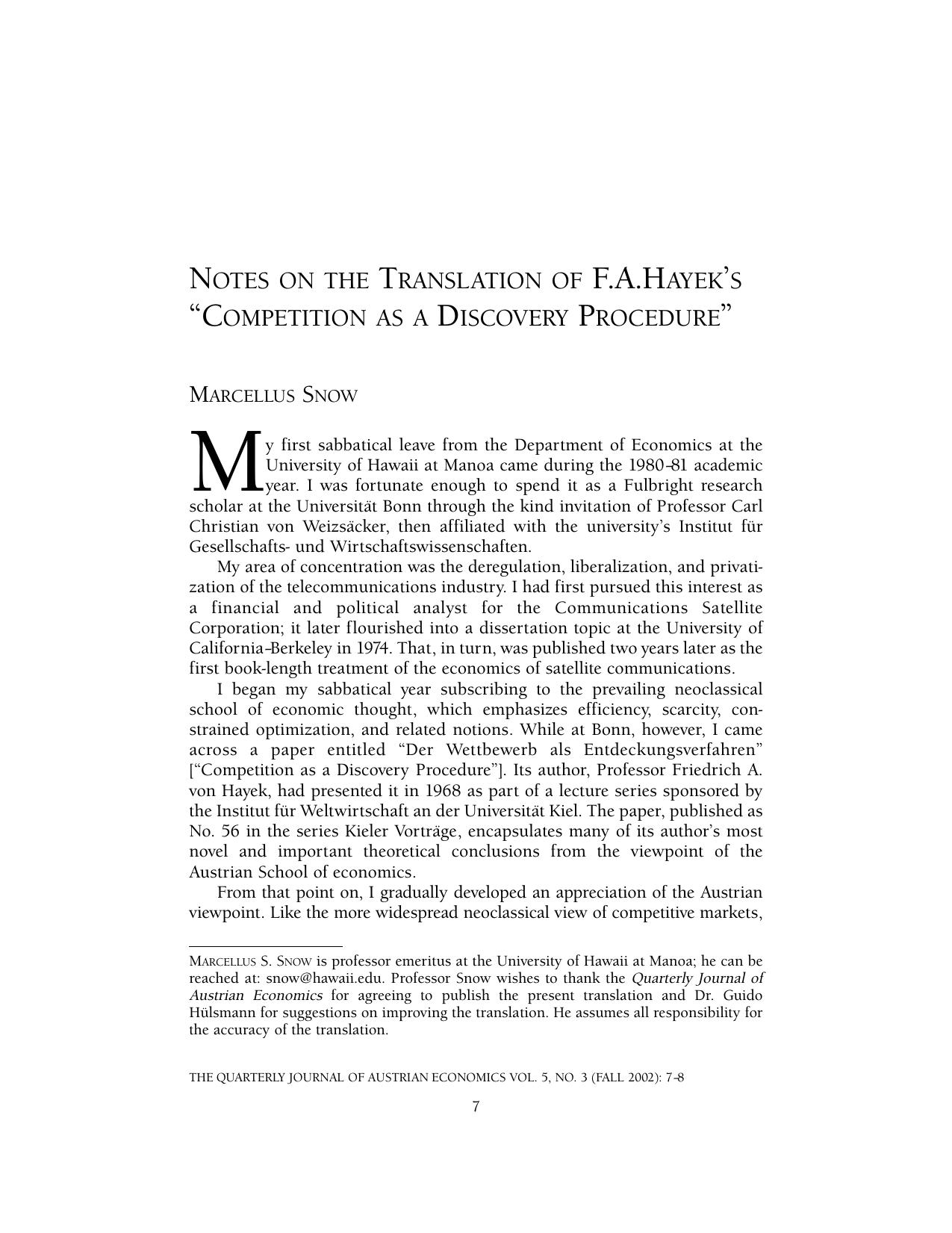 Notes on the Translation of F.A. Hayek's "Competition as a Discovery Procedure"
