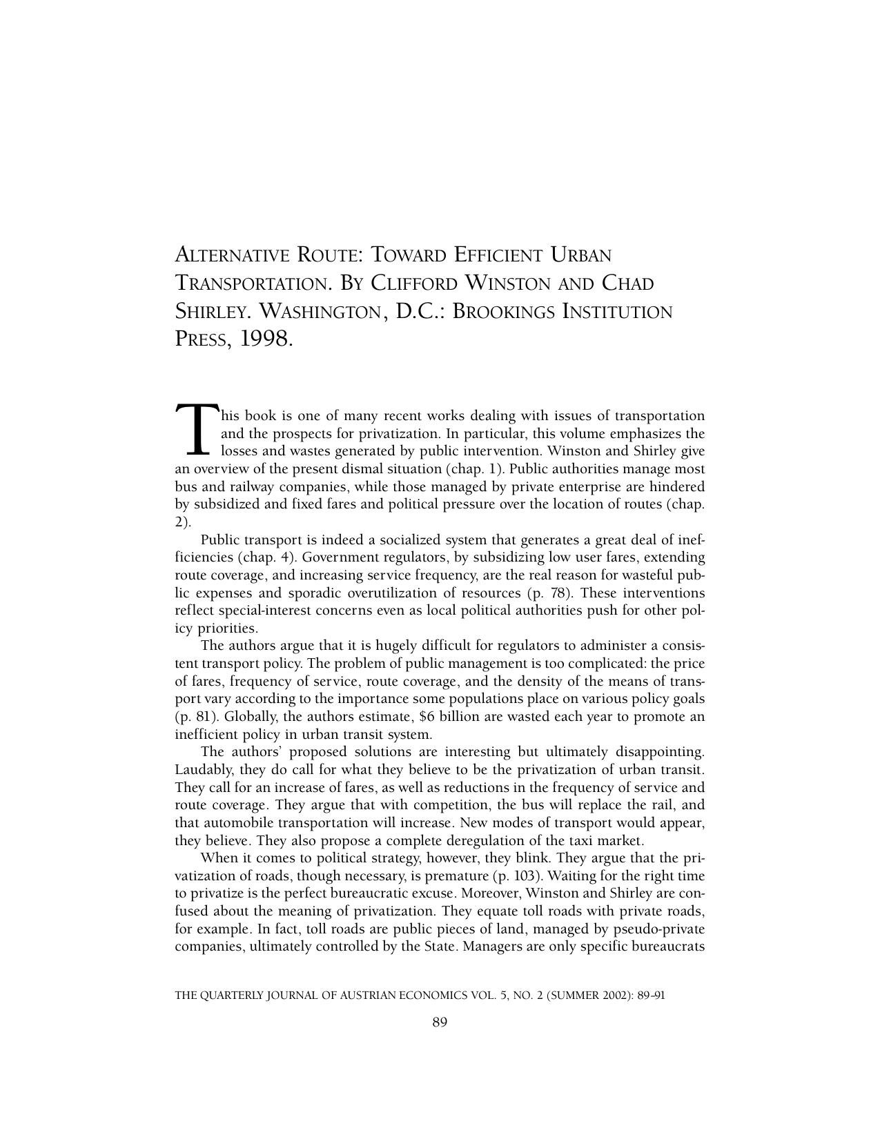 ALTERNATIVE ROUTE: TOWARD EFFICIENT URBAN TRANSPORTATION
