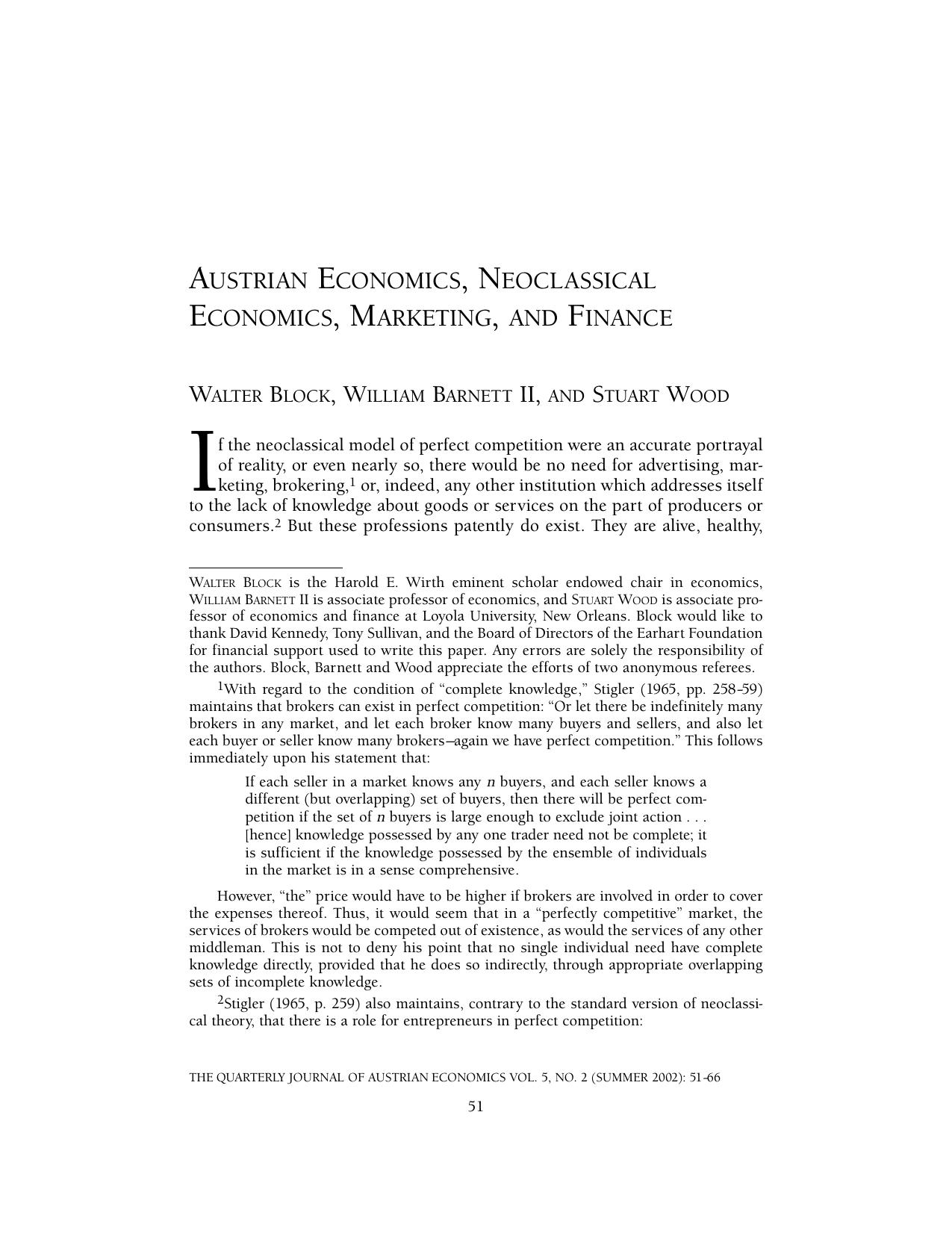 Austrian Economics, Neoclassical Economics, Marketing, and Finance