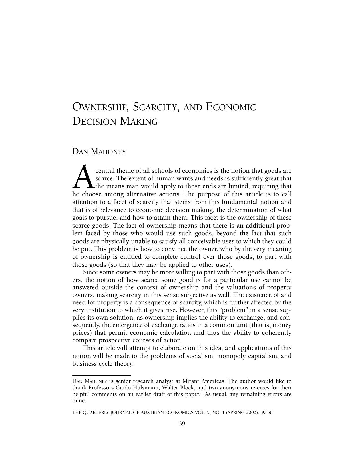 Ownership, Scarcity, and Economic Decision Making