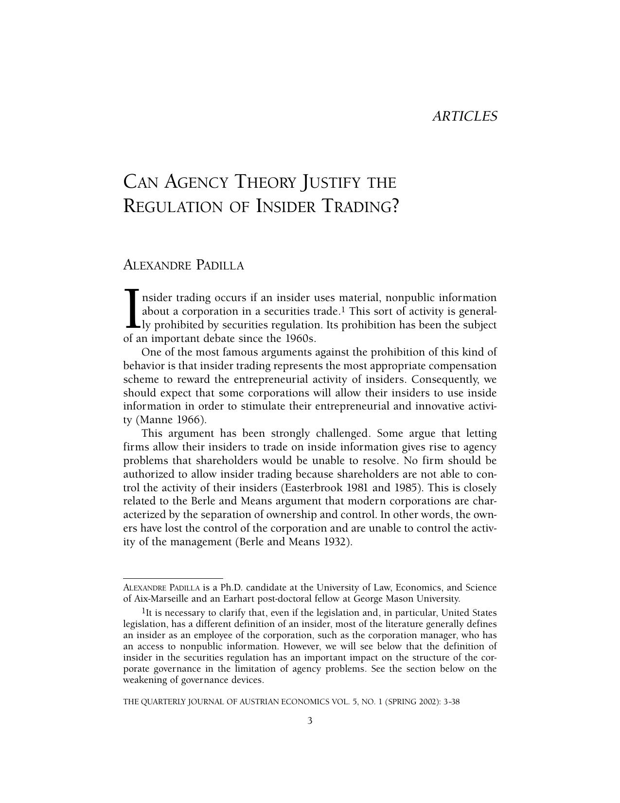 Can Agency Theroy Justify The Regulation of Insider Trading?