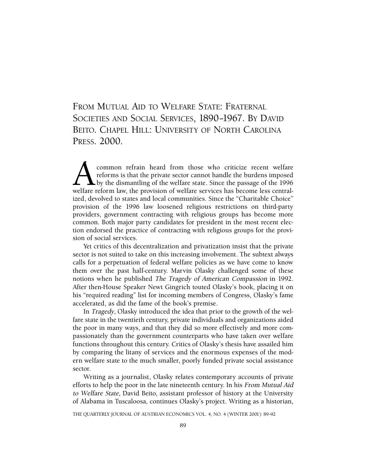 FROM MUTUAL AID TO WELFARE STATE: FRATERNAL SOCIETIES AND SOCIAL SERVICES, 1890–1967