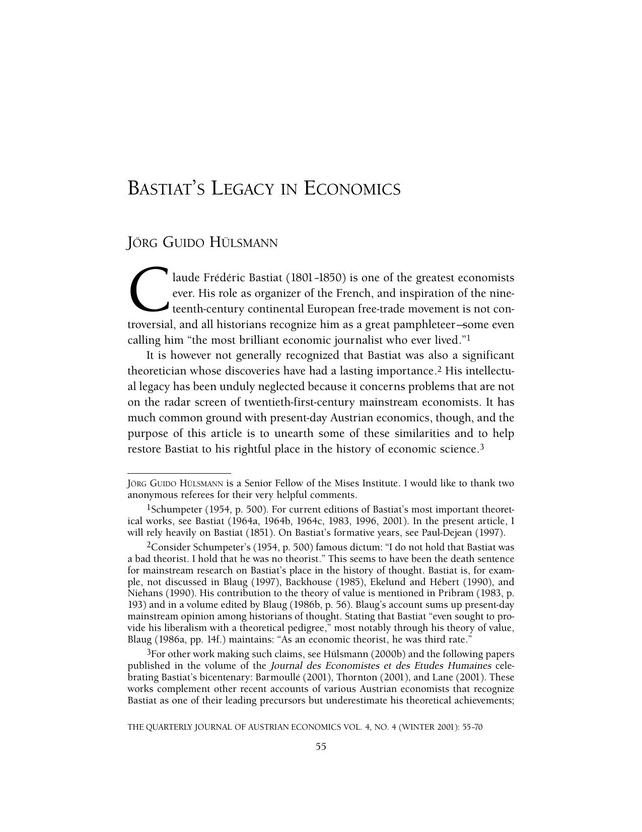 Bastiat's Legacy in Economics